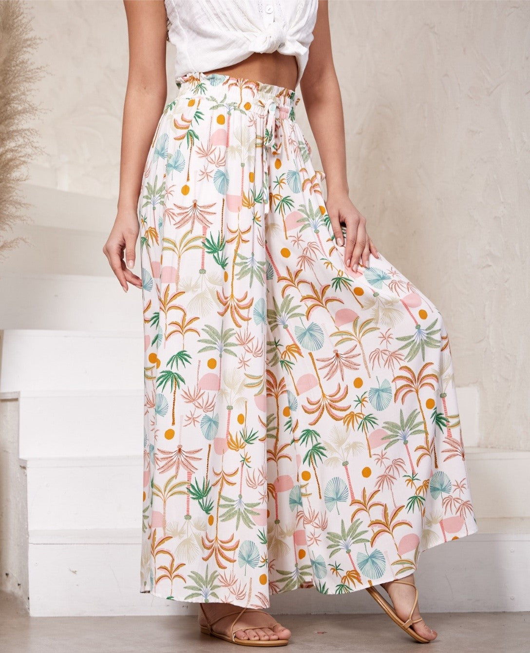 Palm Tree Print Wide Leg Pants