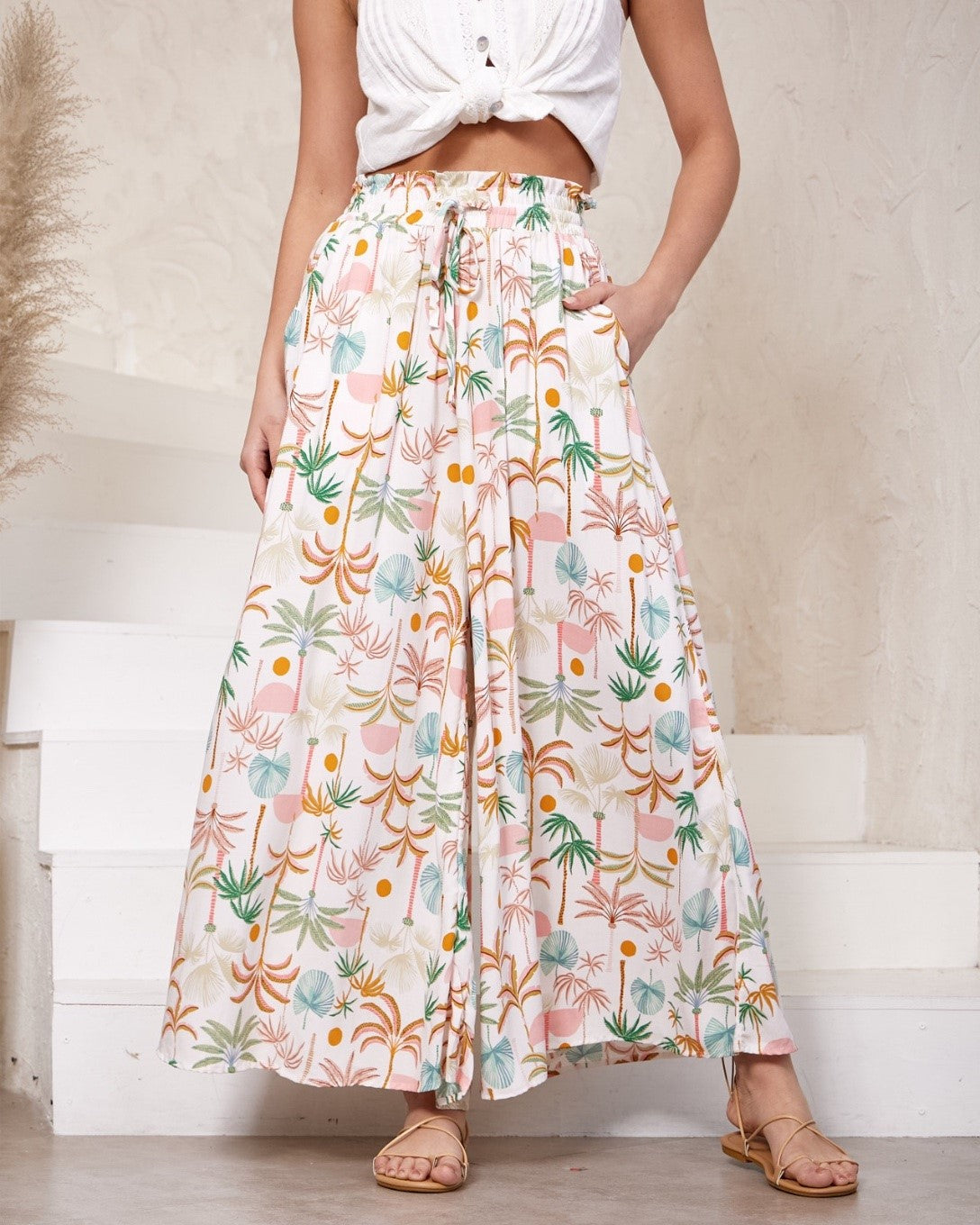 Palm Tree Print Wide Leg Pants