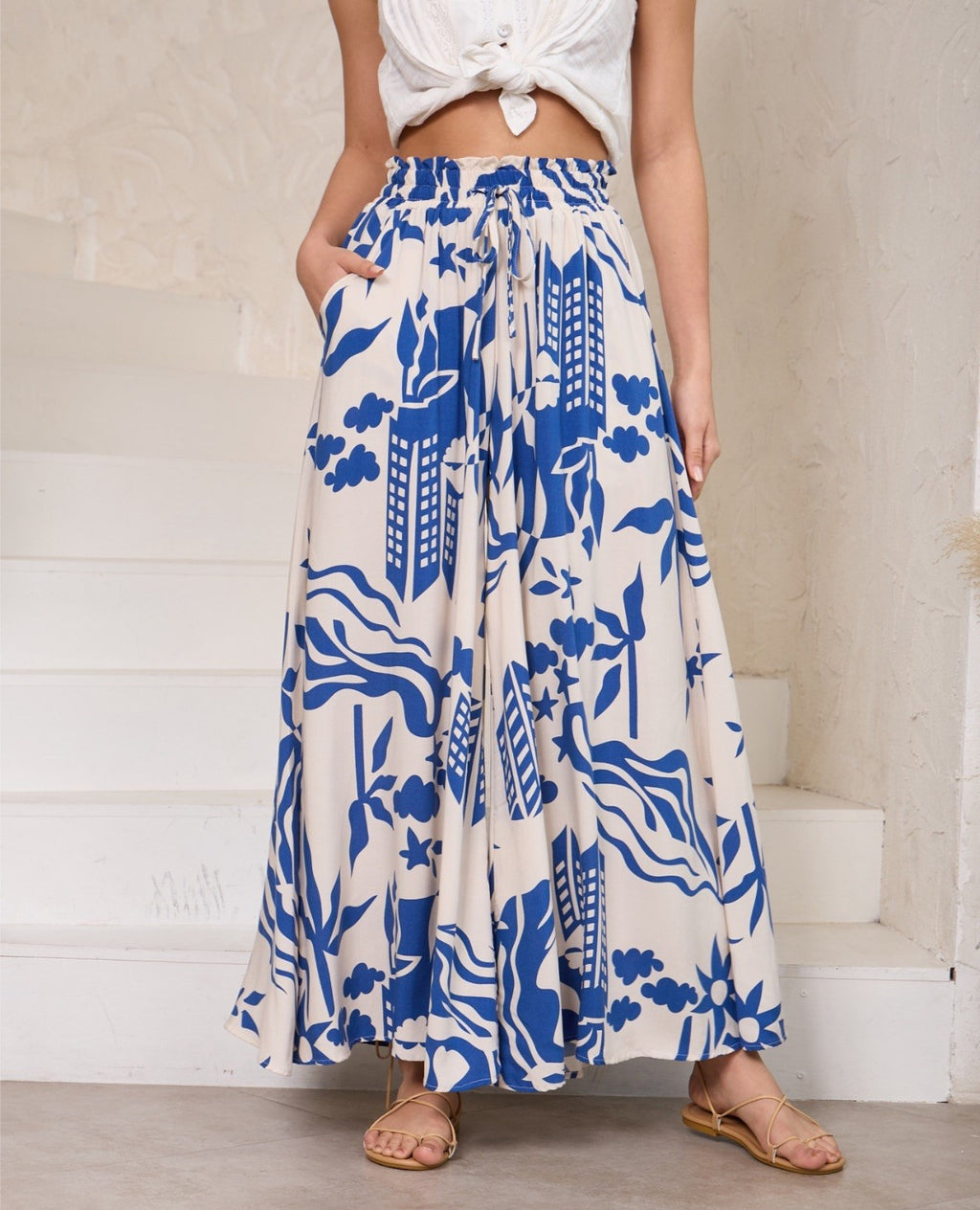 Abstract Blue Print Wide Leg Pants