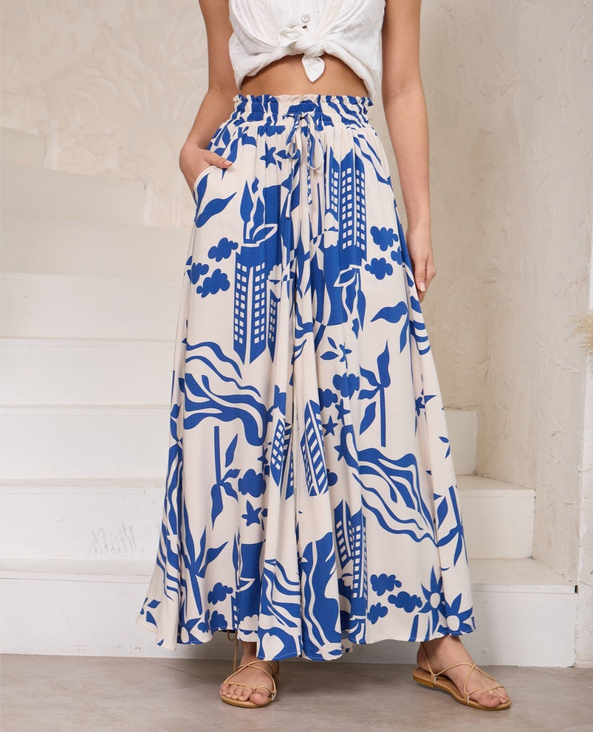 Abstract Blue Print Wide Leg Pants