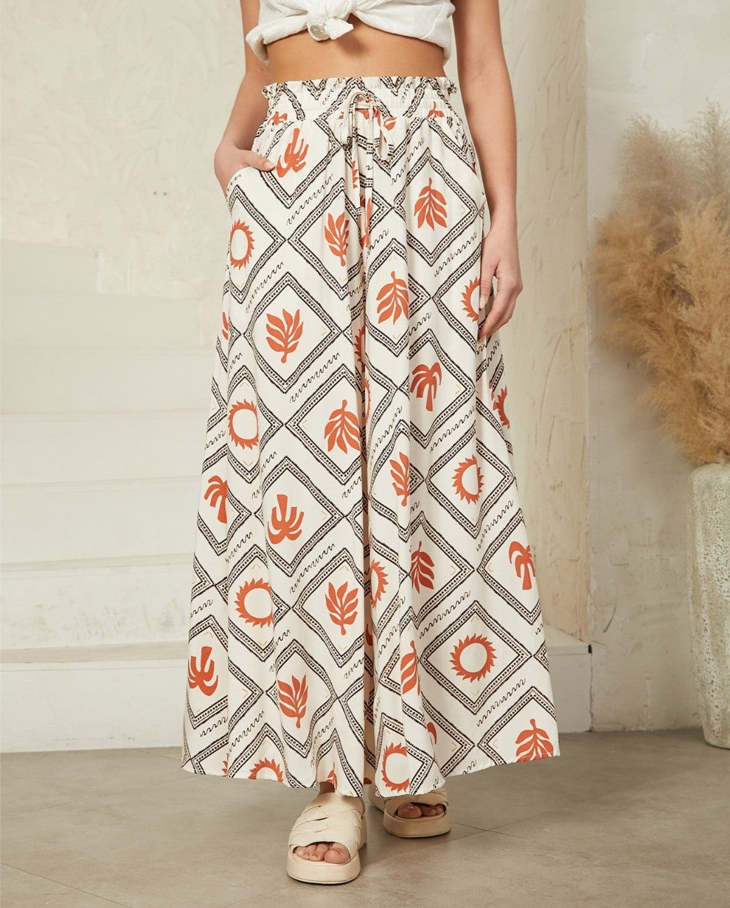Coastal Print Wide Leg Pants