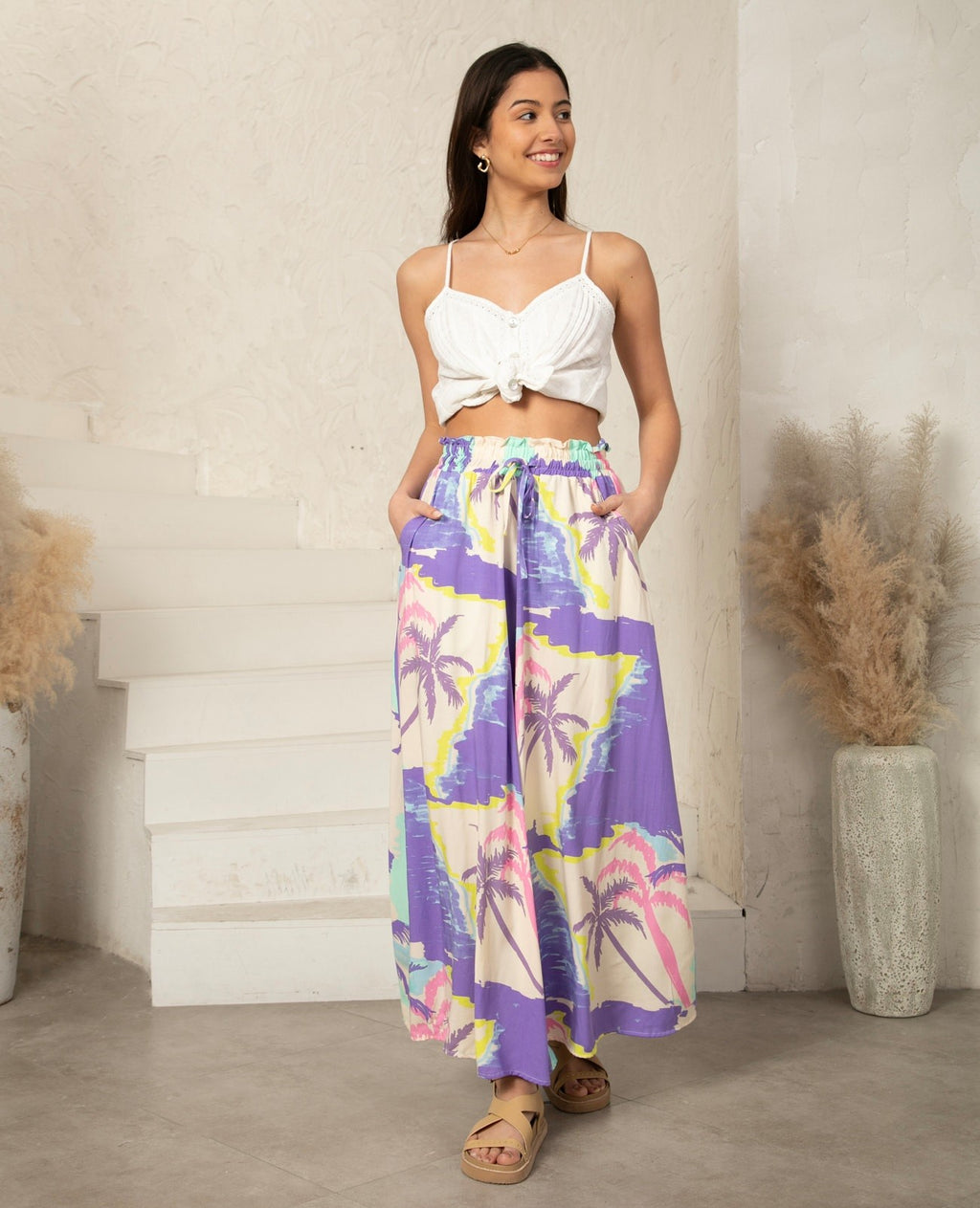 Palm Tree Print Wide-Leg Pants