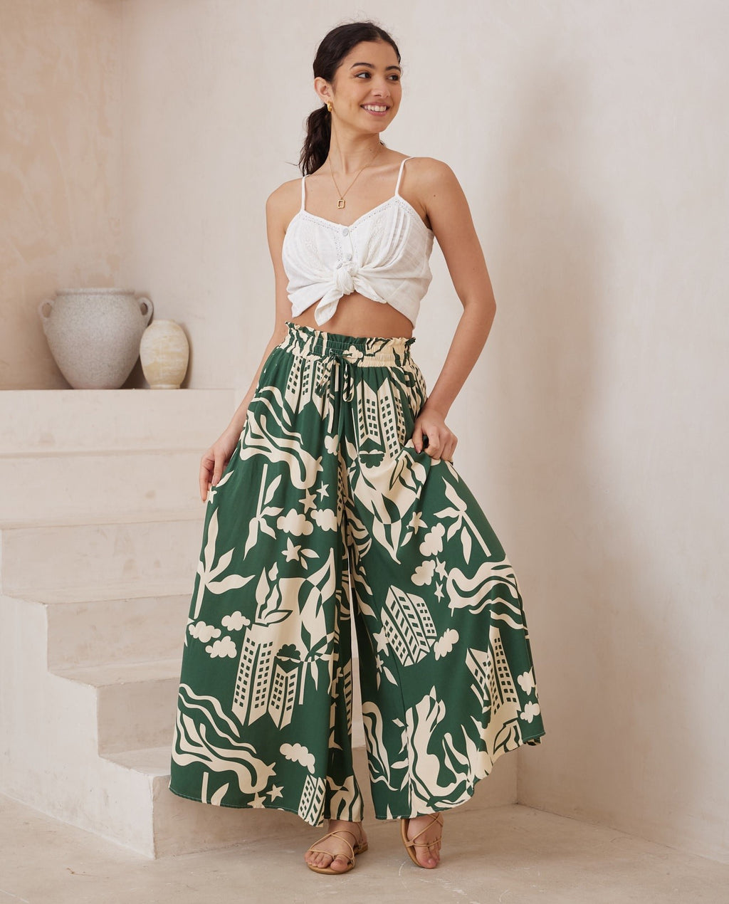 Green City Print Wide Leg Pants
