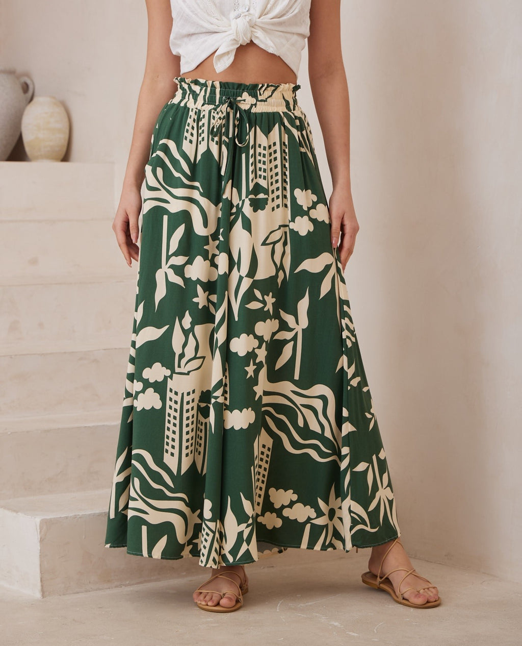Green City Print Wide Leg Pants