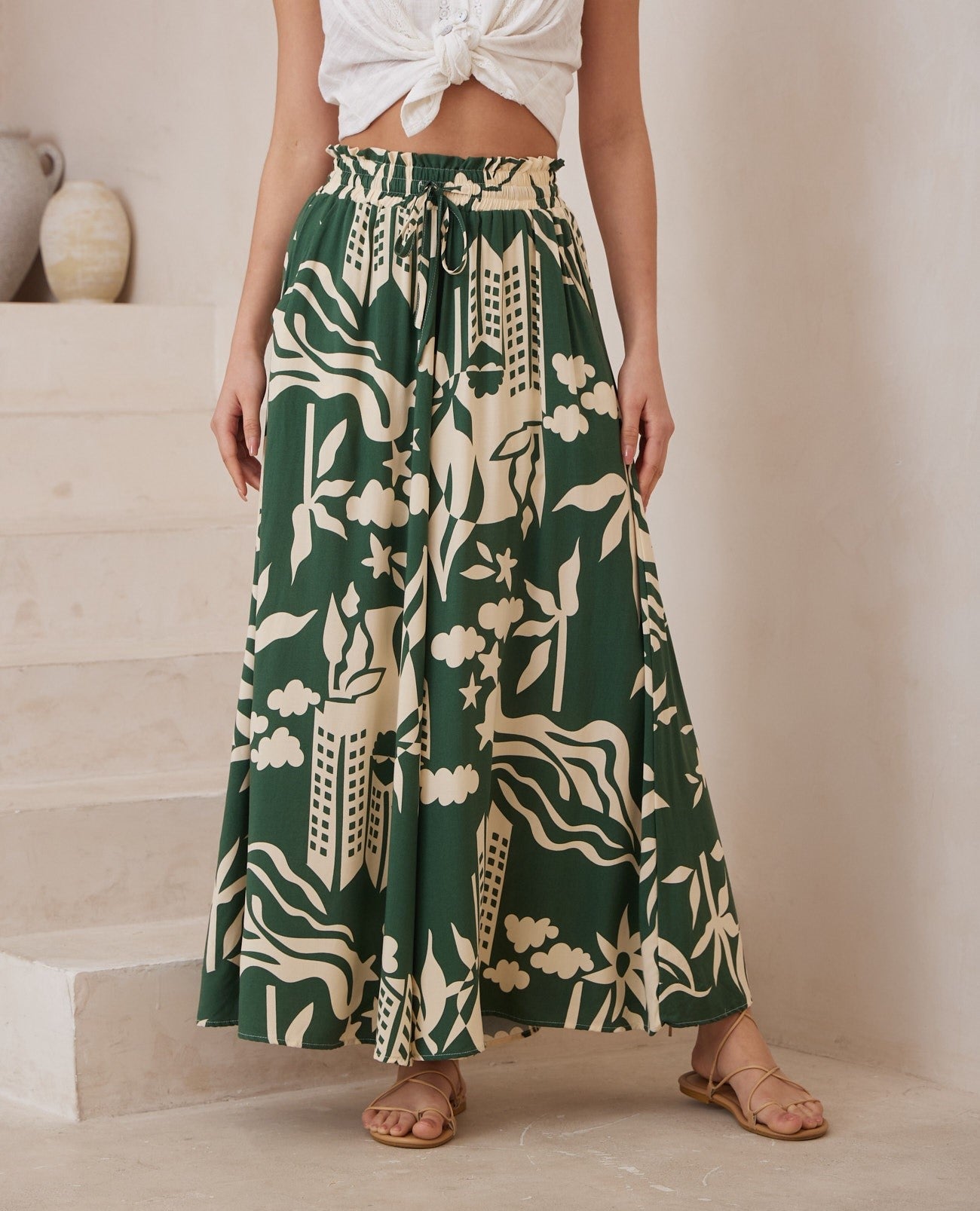 Green City Print Wide Leg Pants