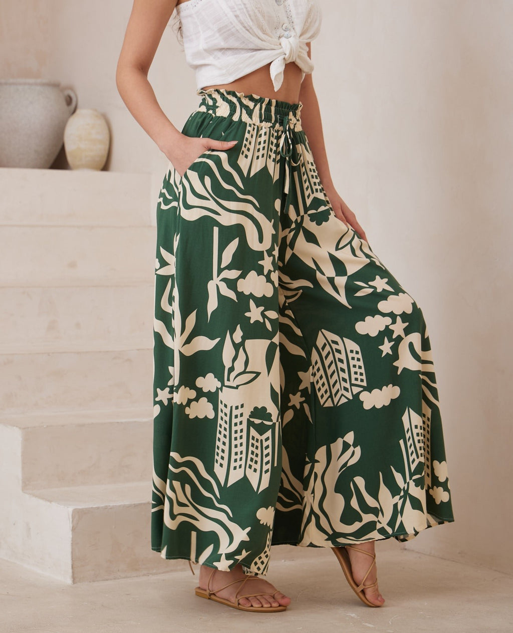 Green City Print Wide Leg Pants