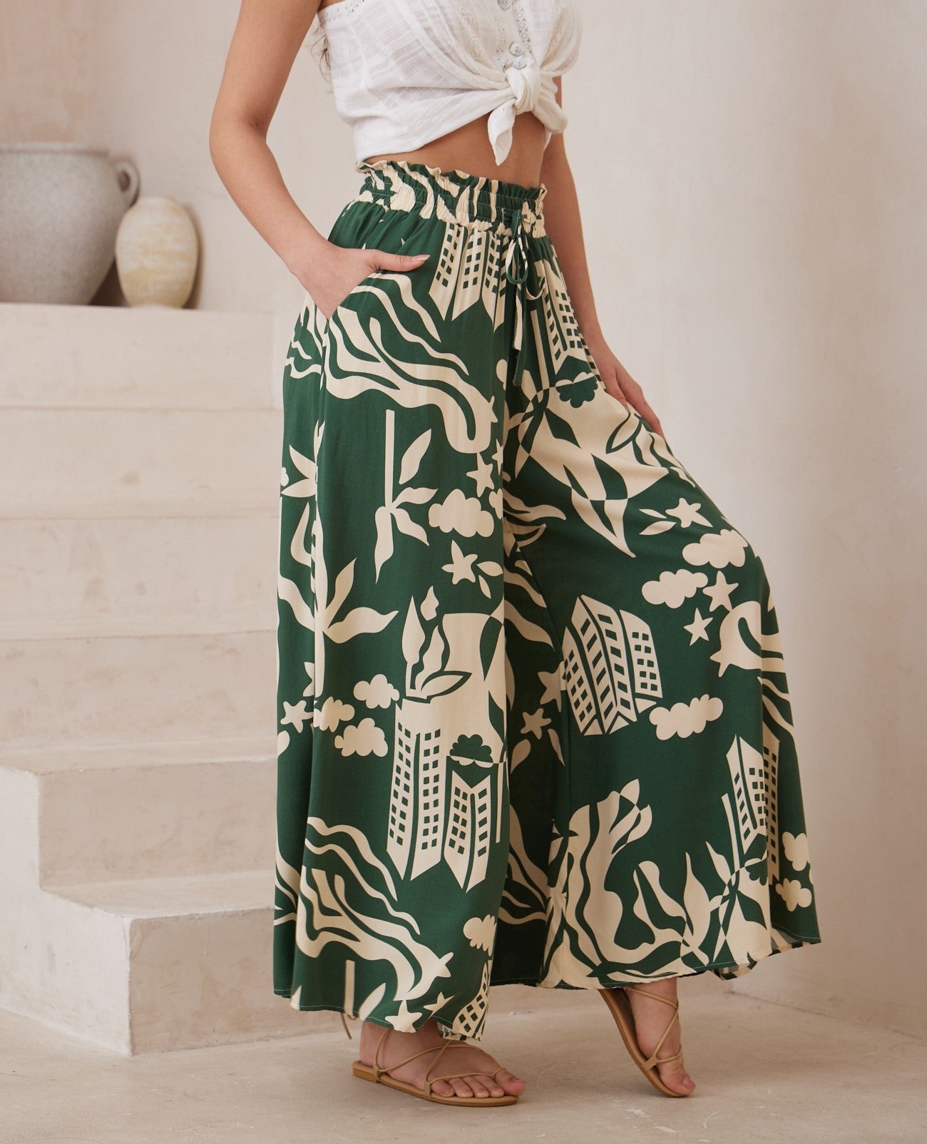 Green City Print Wide Leg Pants