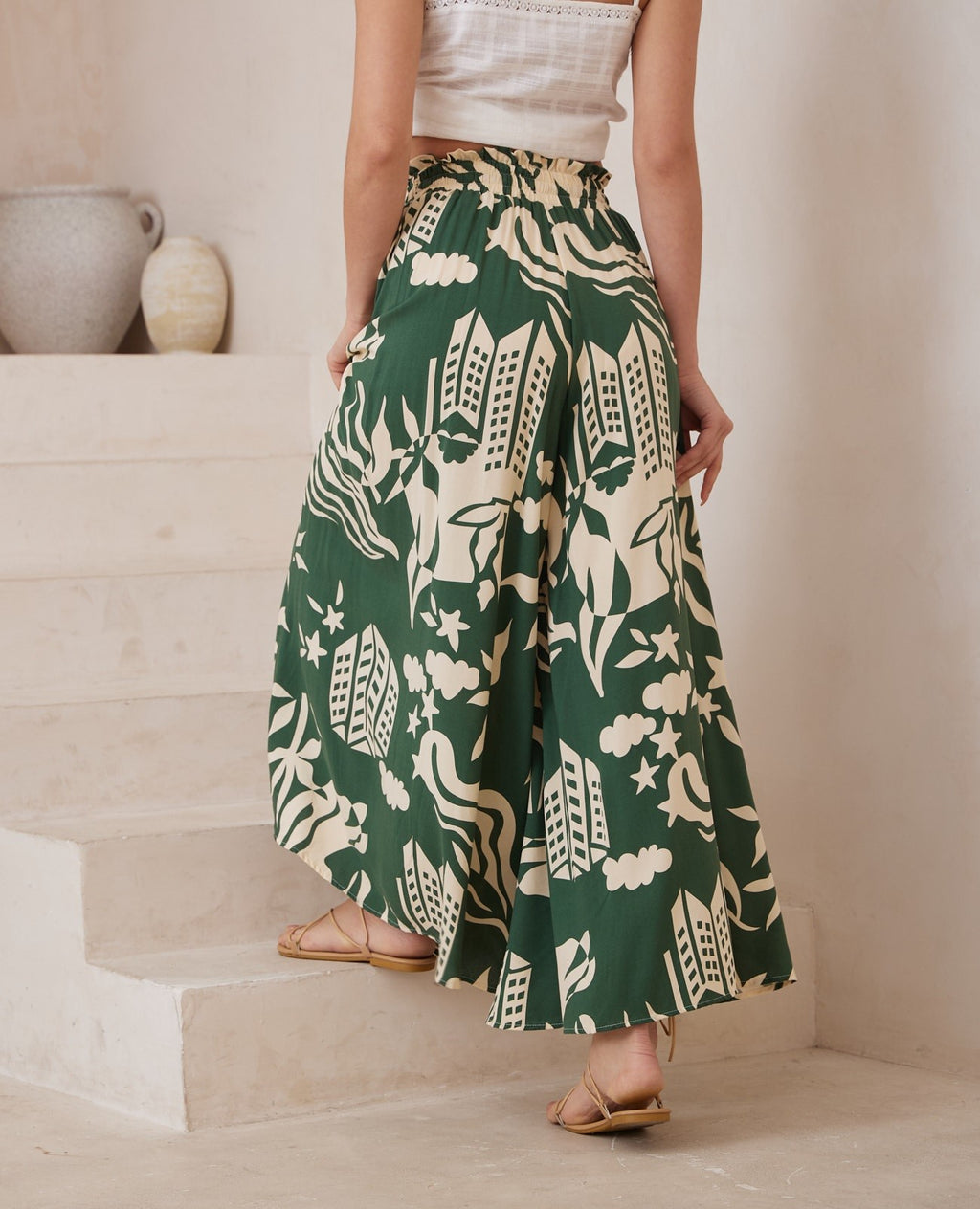 Green City Print Wide Leg Pants