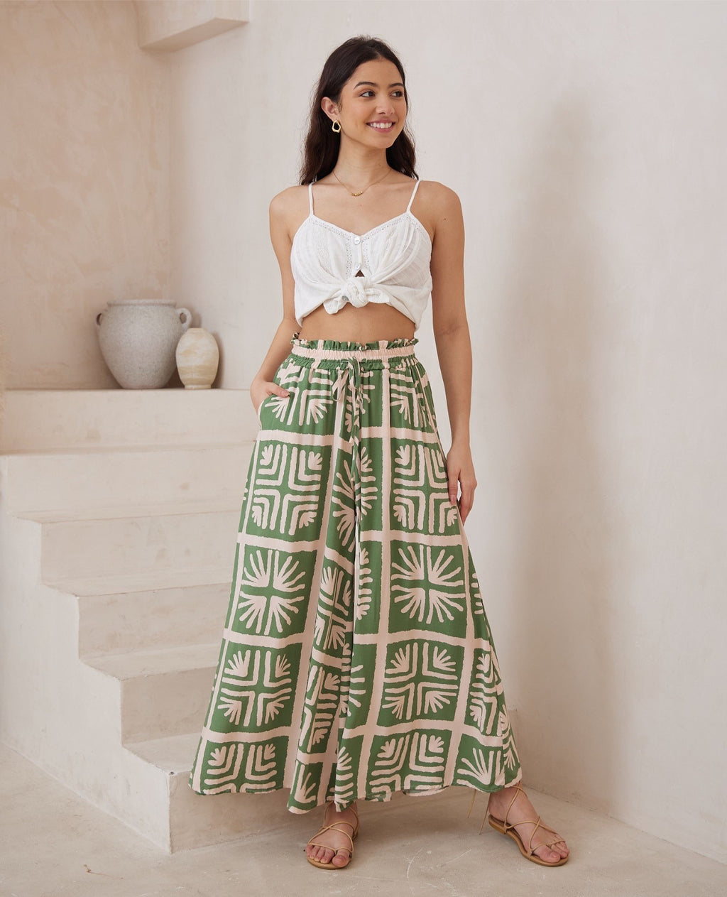Abstract Botanical Print Wide Leg Pants