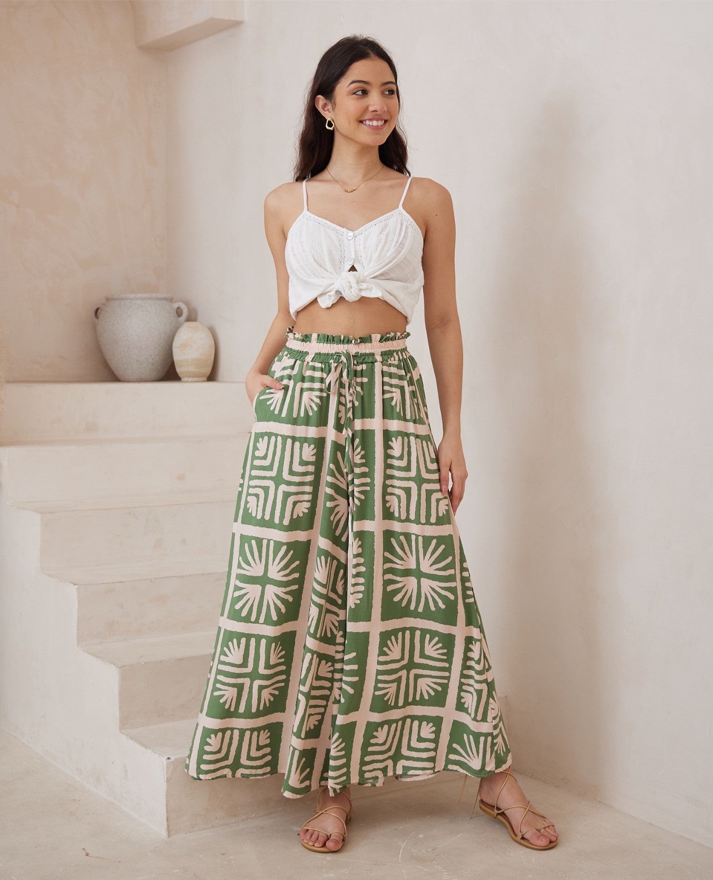 Abstract Botanical Print Wide Leg Pants