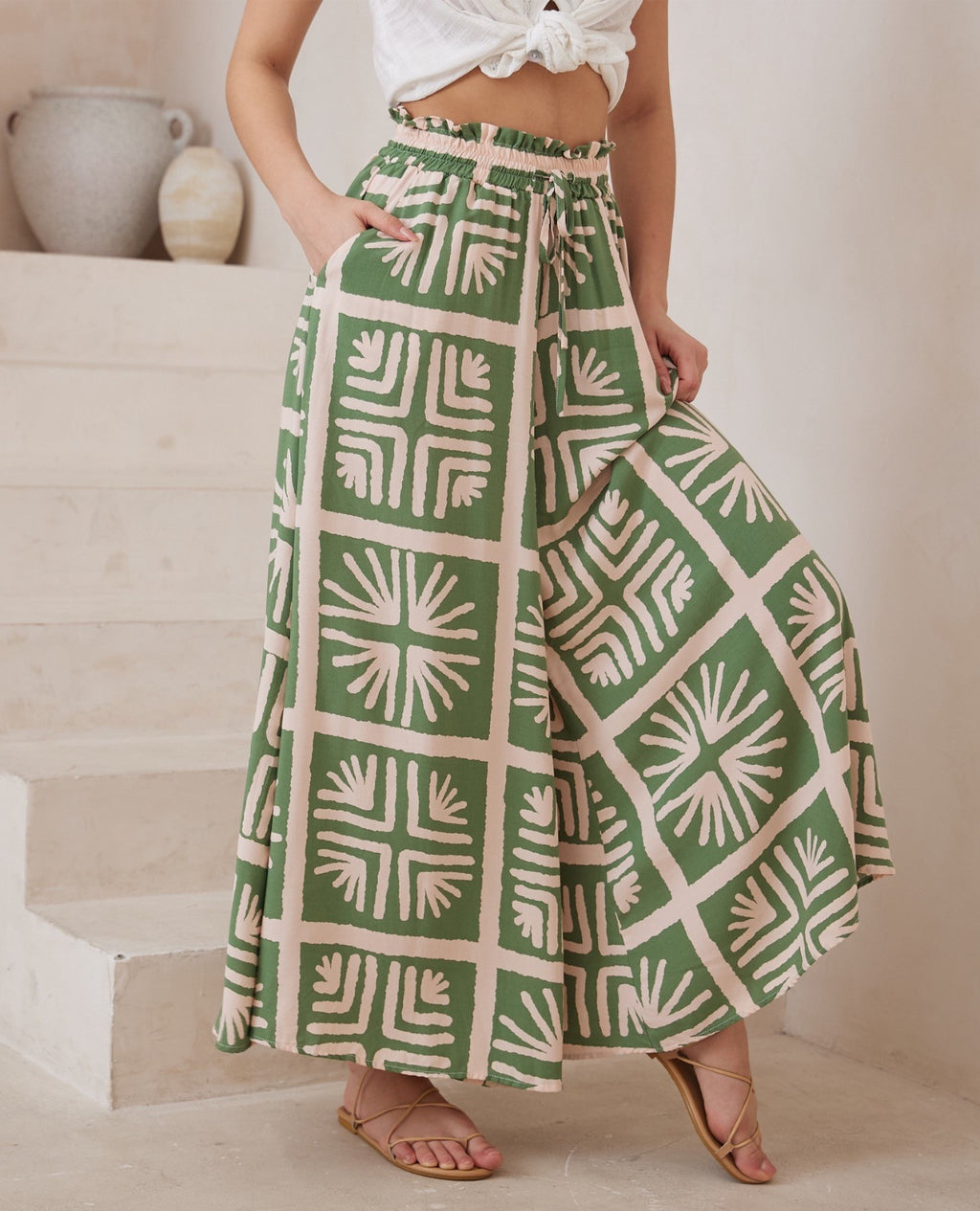 Abstract Botanical Print Wide Leg Pants