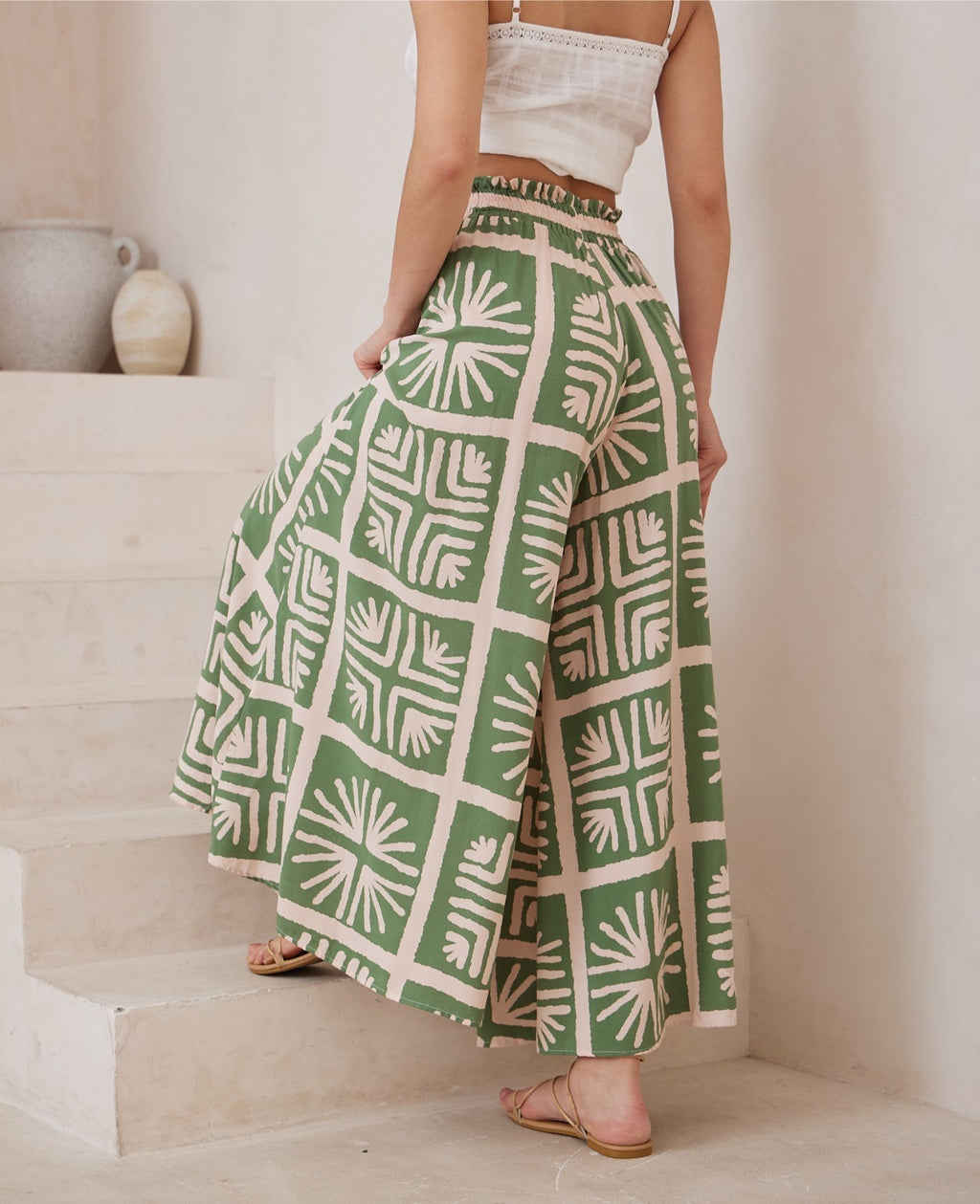 Abstract Botanical Print Wide Leg Pants