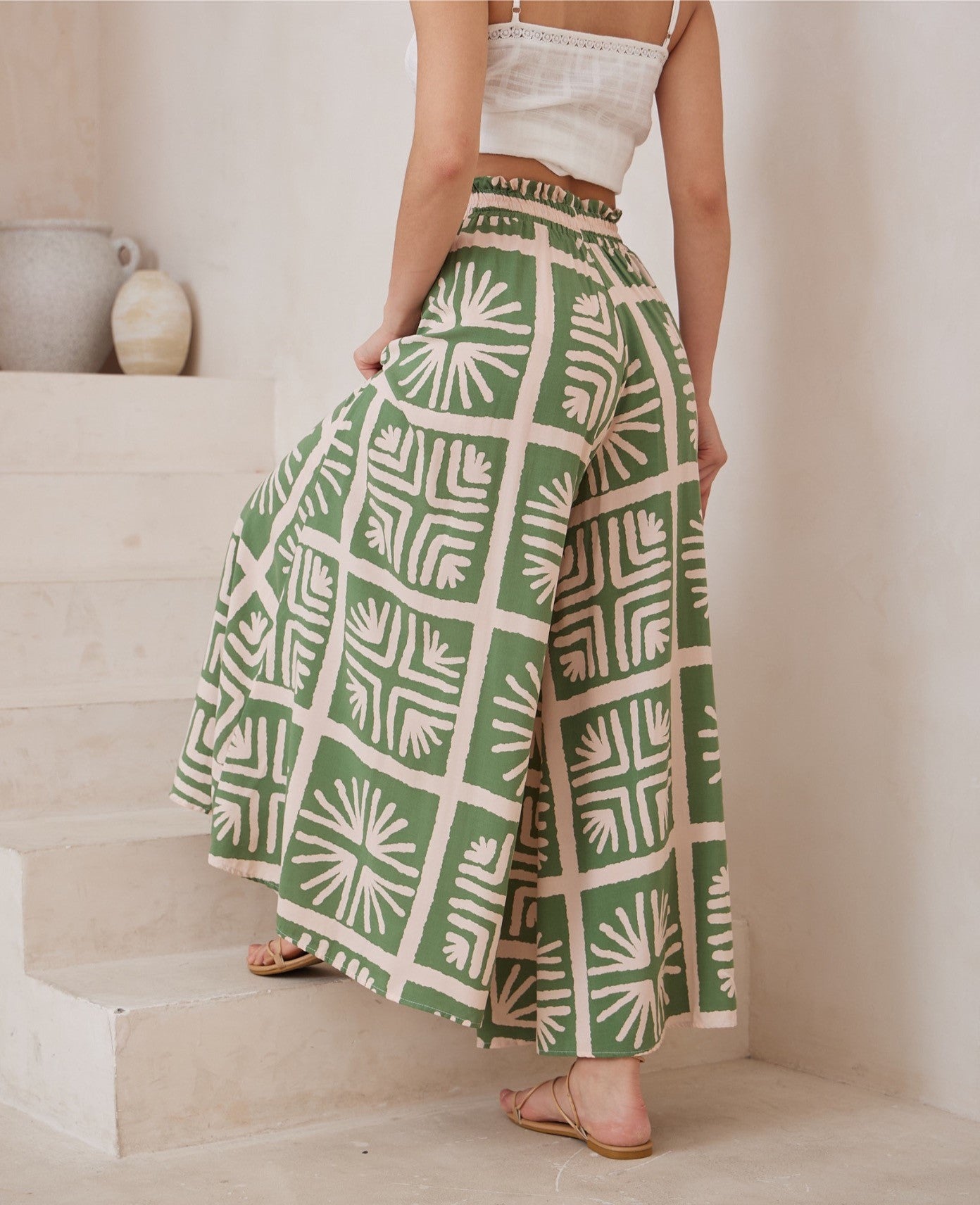 Abstract Botanical Print Wide Leg Pants