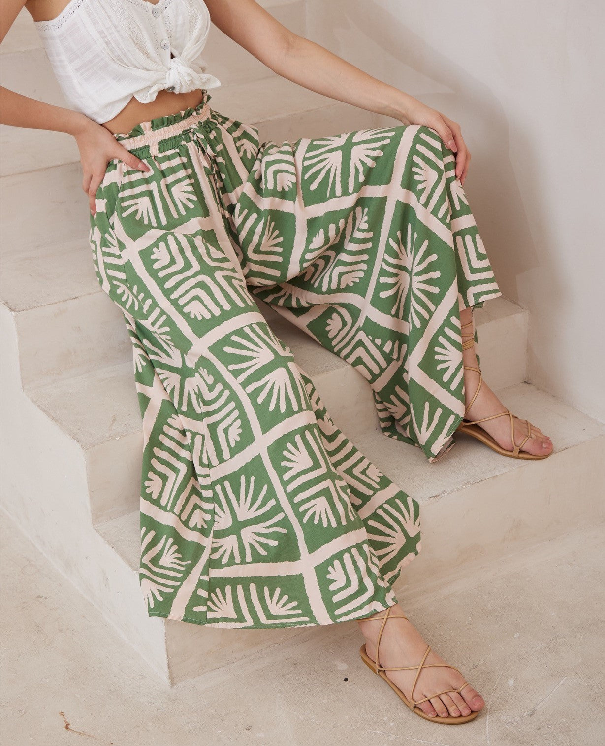 Abstract Botanical Print Wide Leg Pants