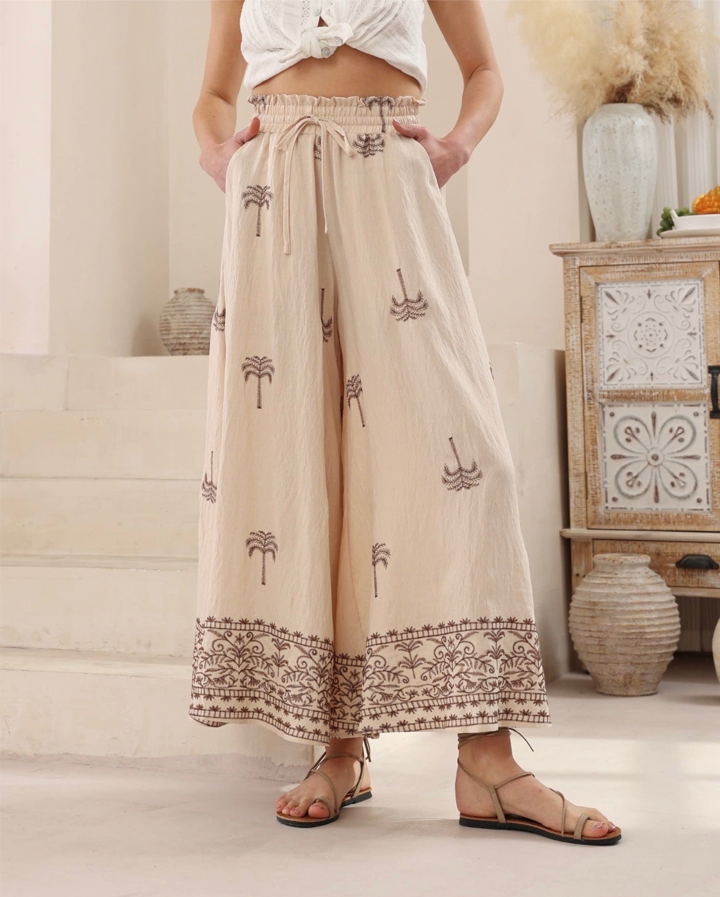 Palm Tree Embroidered Palazzo Pants
