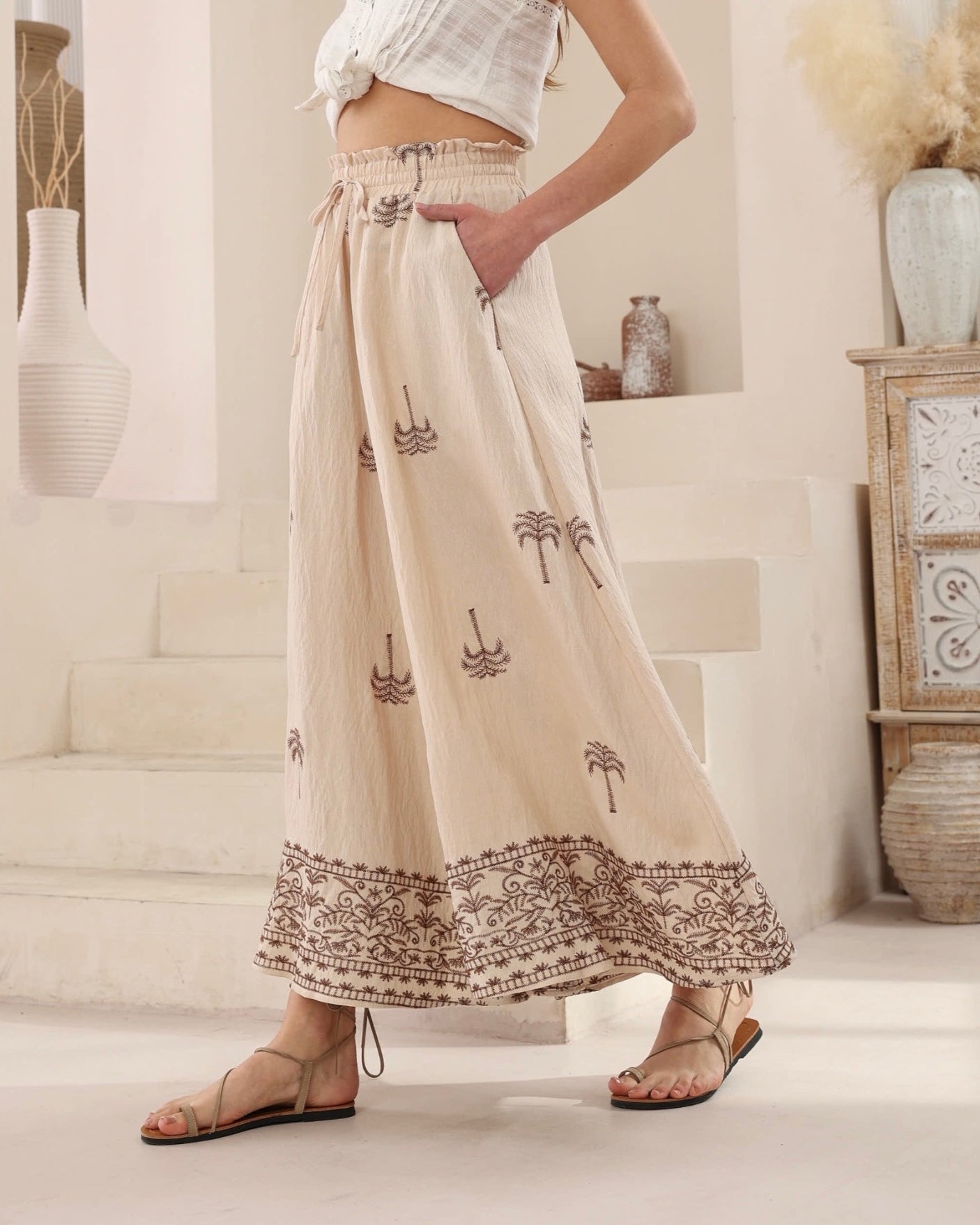 Palm Tree Embroidered Palazzo Pants