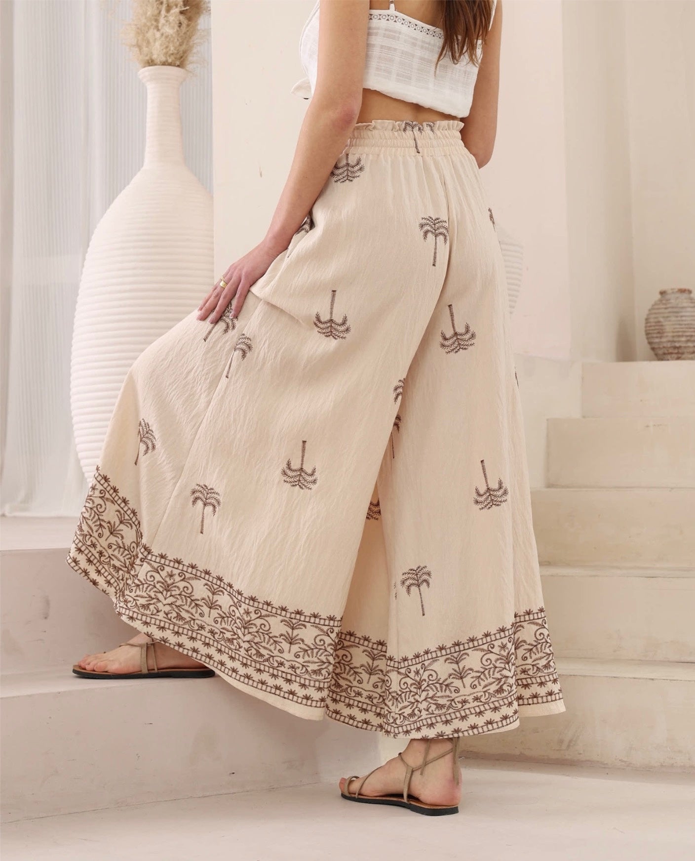 Palm Tree Embroidered Palazzo Pants