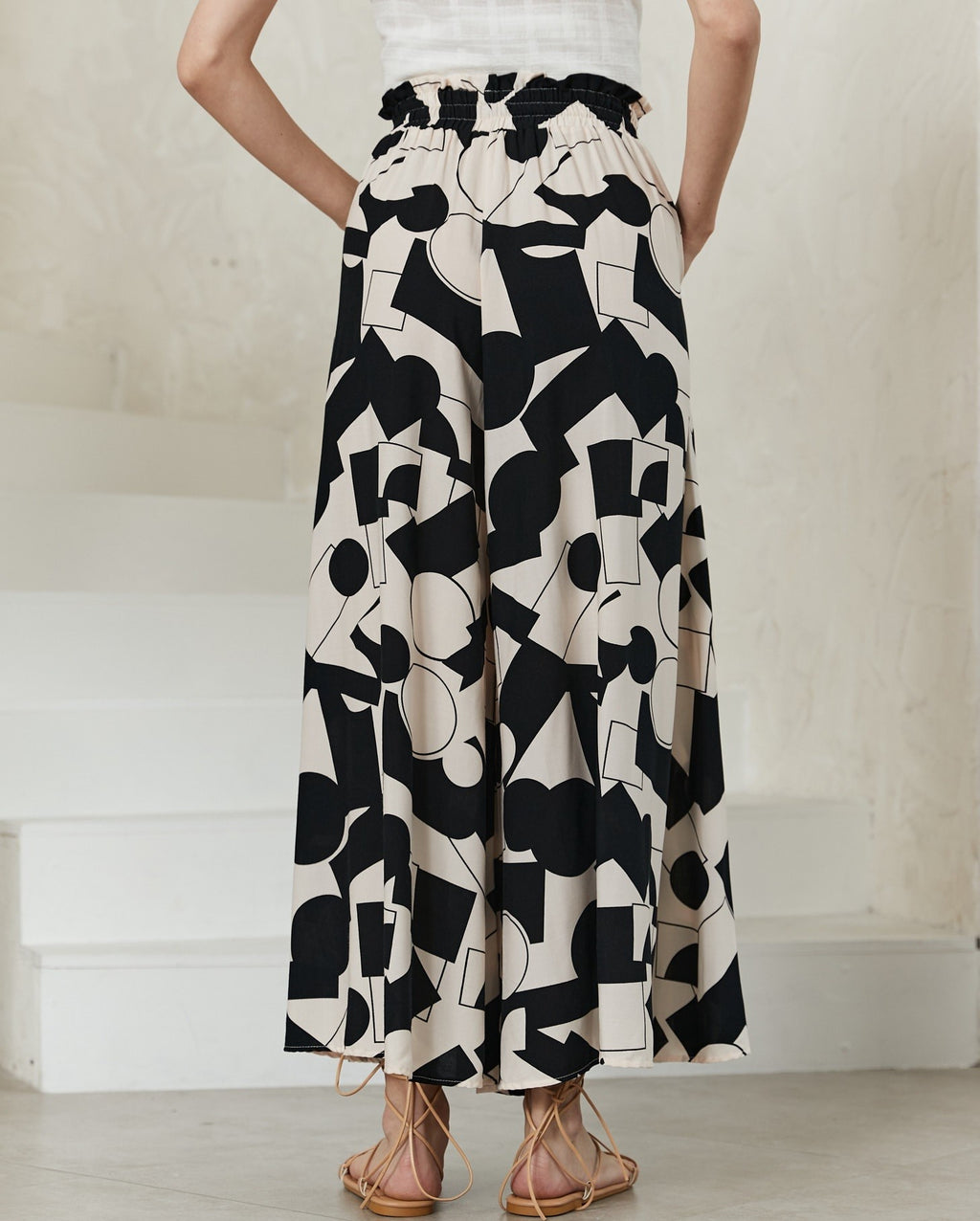 Abstract Black and Beige Print Wide Leg Pants