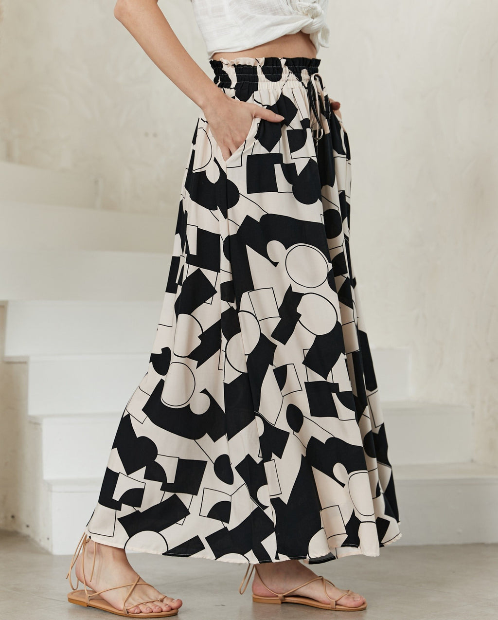 Abstract Black and Beige Print Wide Leg Pants