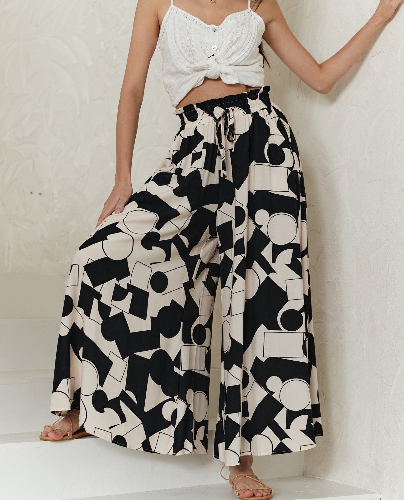 Abstract Black and Beige Print Wide Leg Pants