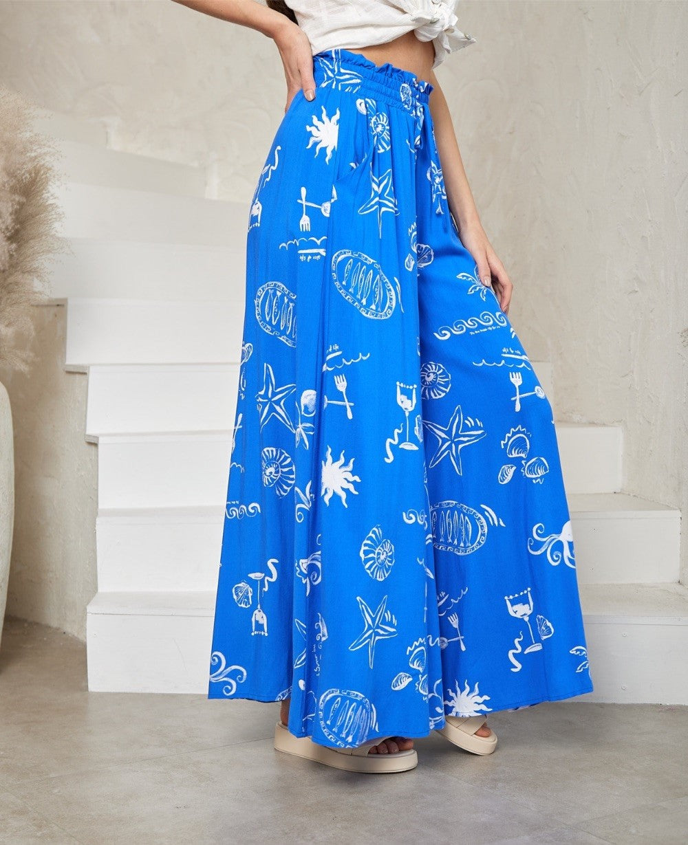 Summer Print Wide Leg Blue Pants