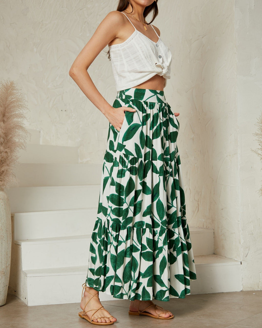 Green Leaf Print Maxi Skirt