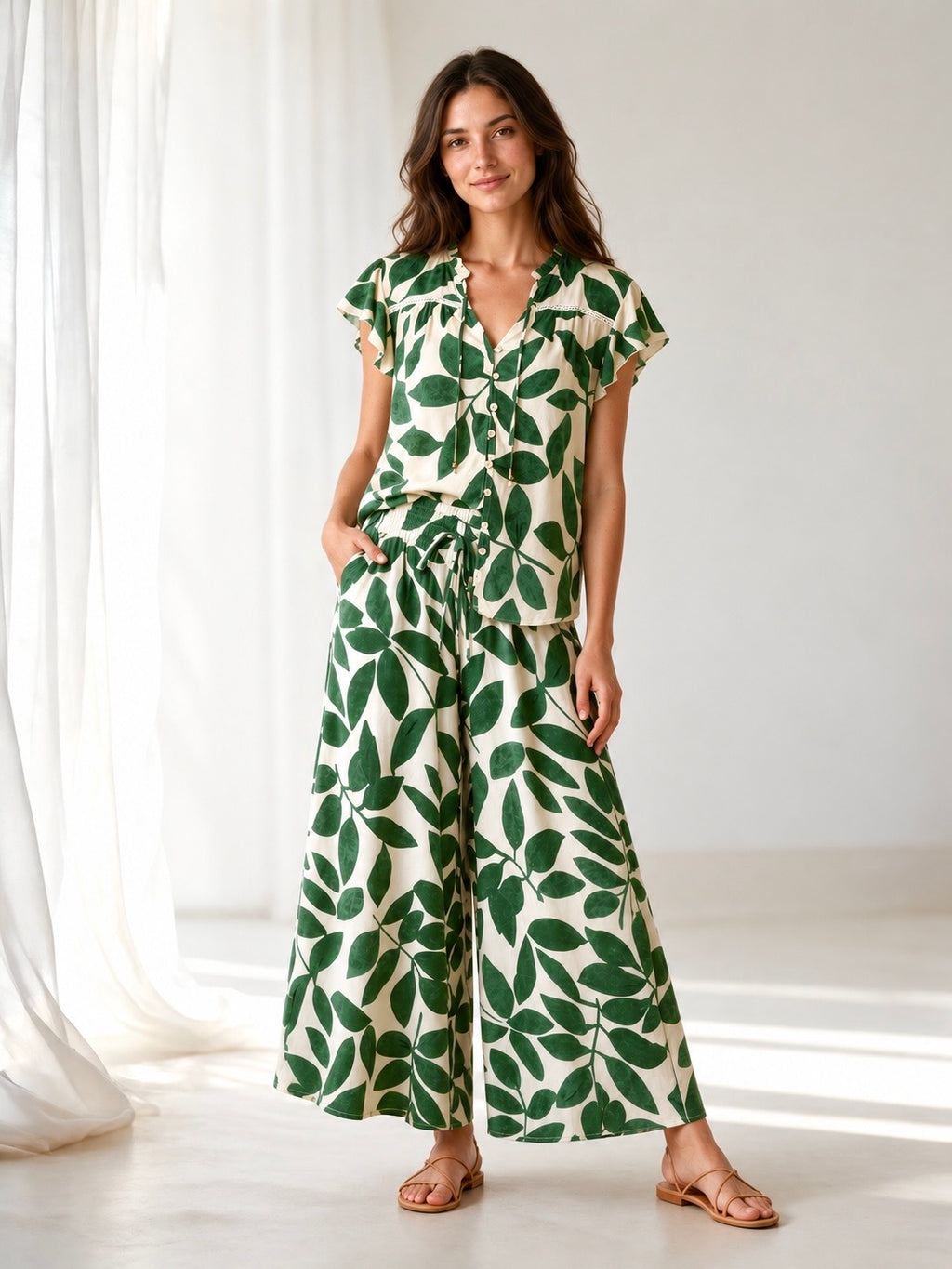 Green Leaves Flutter Sleeve Top