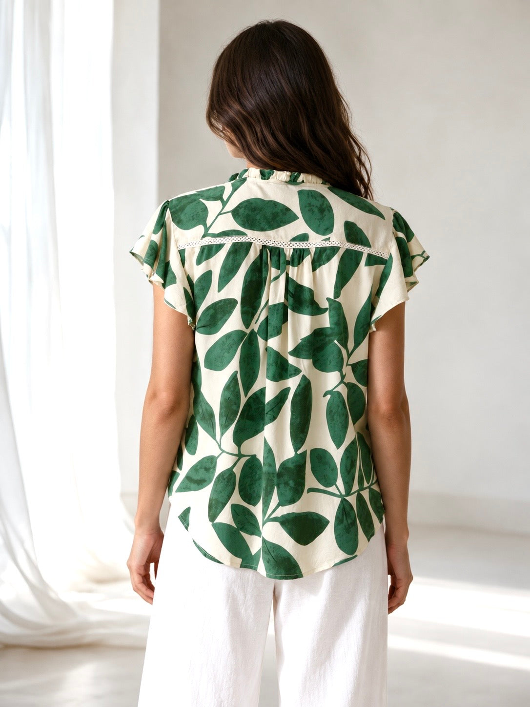 Green Leaves Flutter Sleeve Top