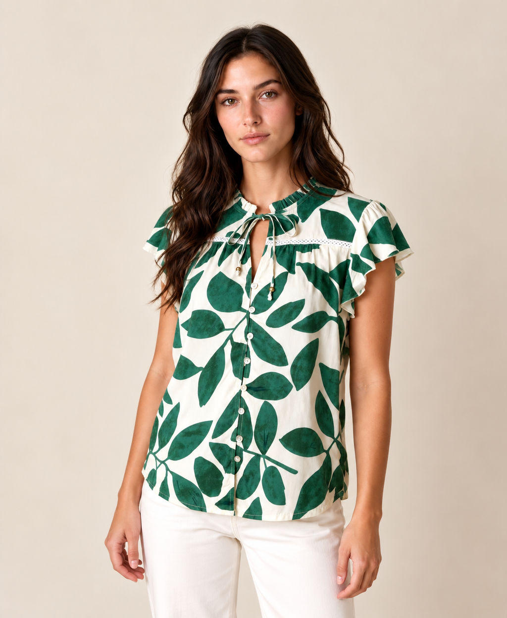 Green Leaves Flutter Sleeve Top