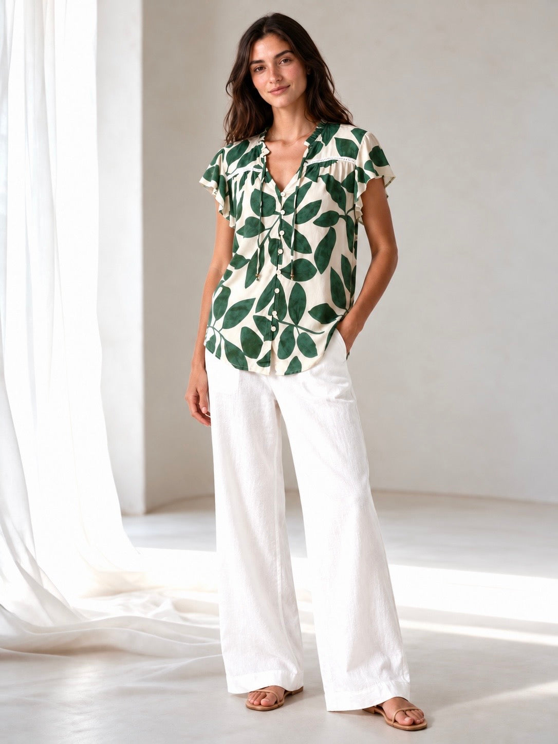 Green Leaves Flutter Sleeve Top