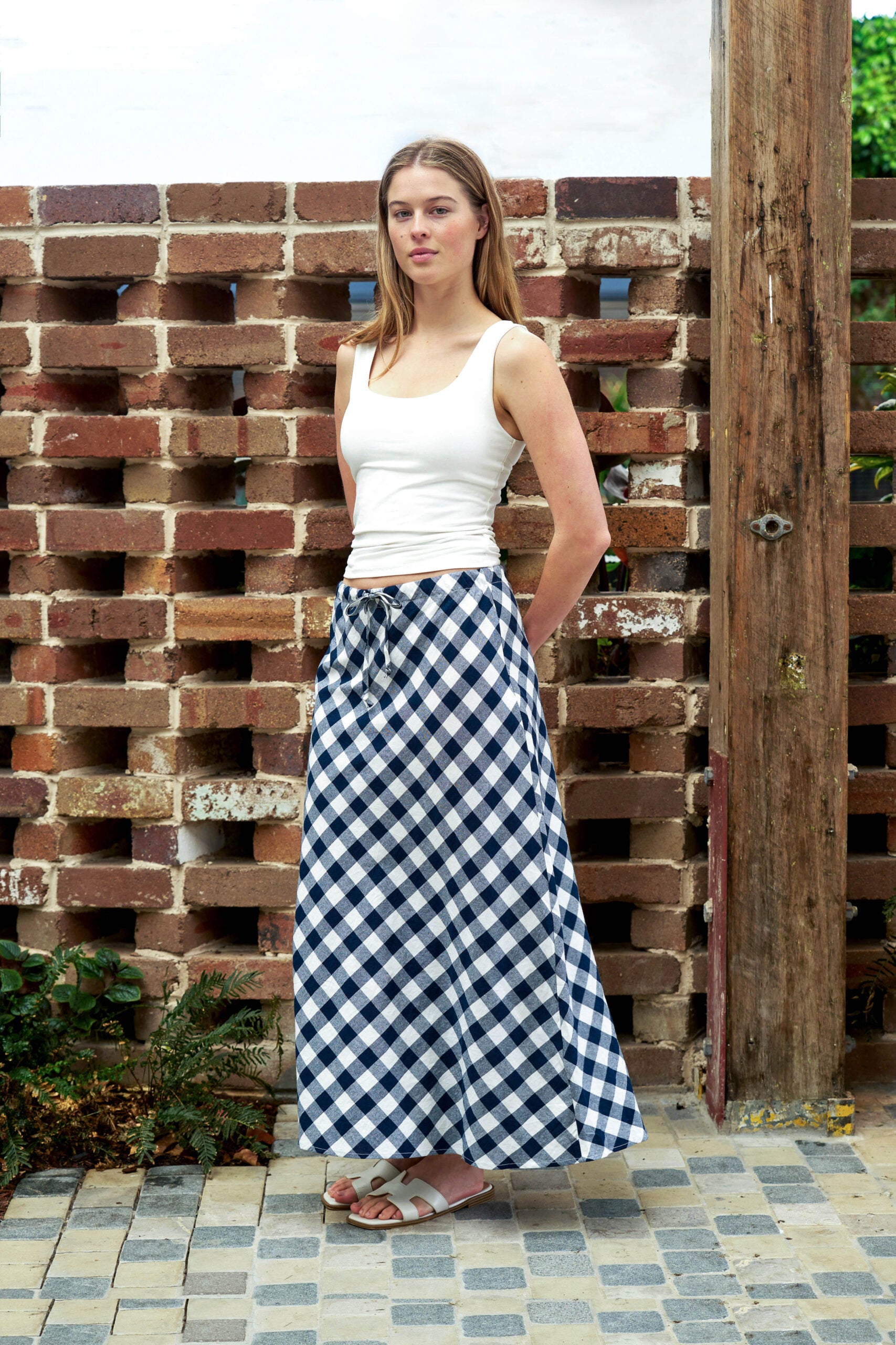 Cotton Check Bias Cut Midi/Maxi Skirt - Navy/White