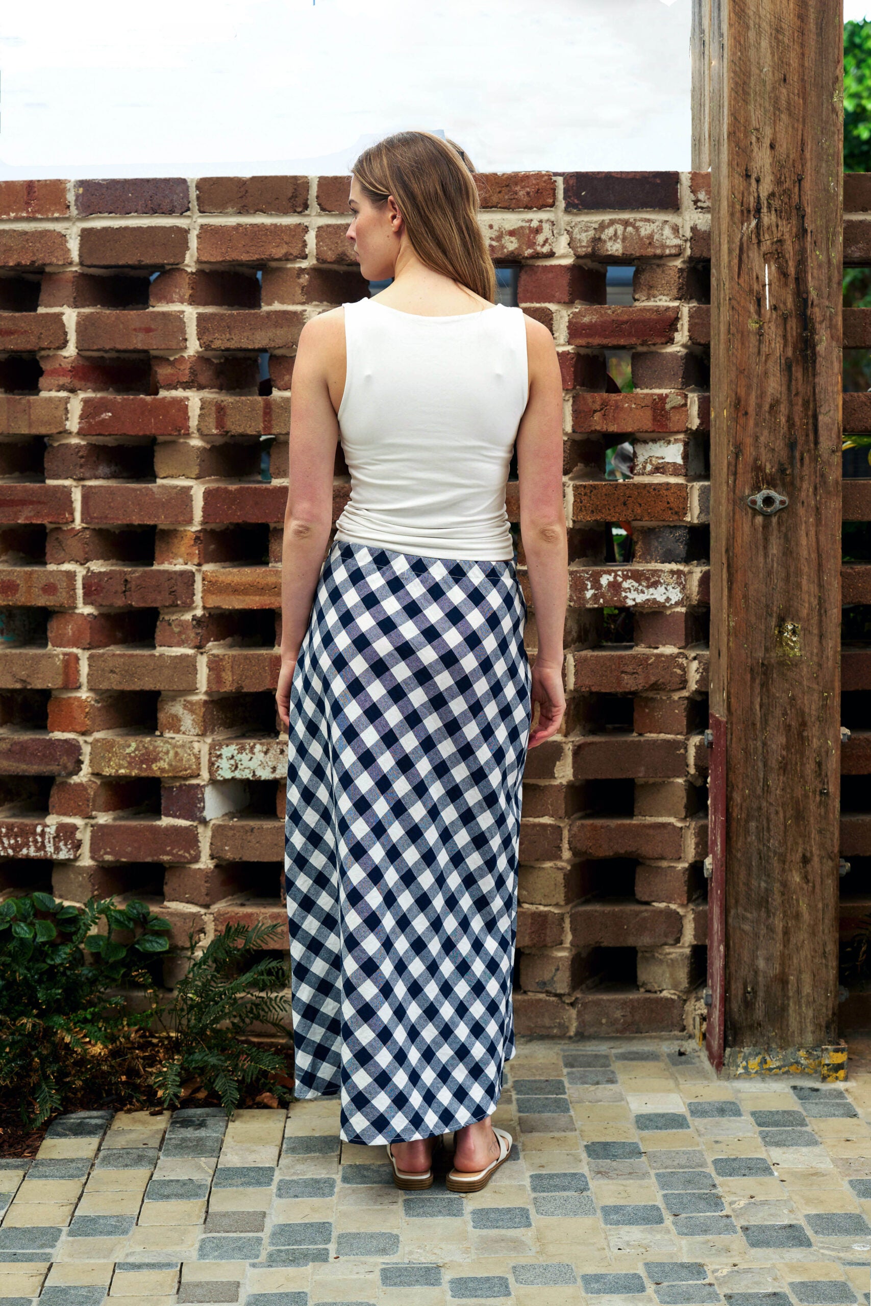 Cotton Check Bias Cut Midi/Maxi Skirt - Navy/White