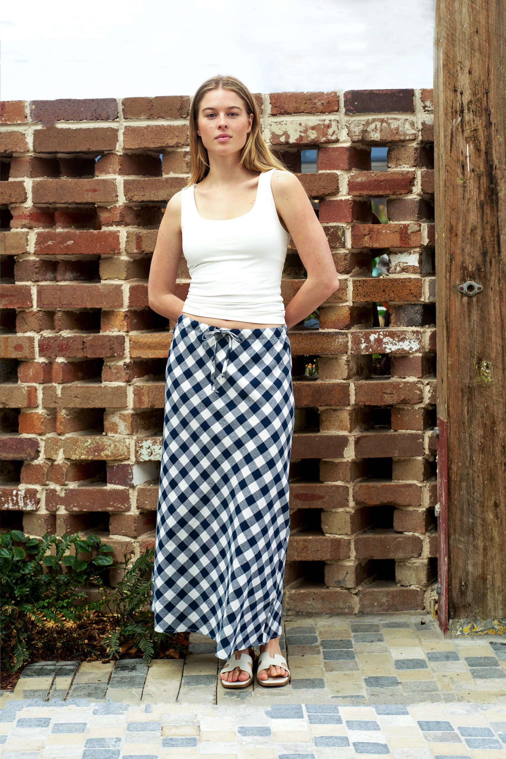 Cotton Check Bias Cut Midi/Maxi Skirt - Navy/White