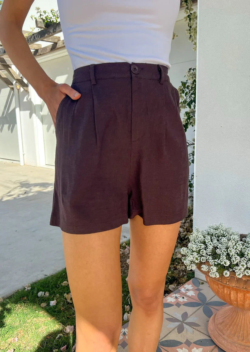 Linen Look Pleated Shorts Chocolate