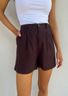 Linen Look Pleated Shorts Chocolate