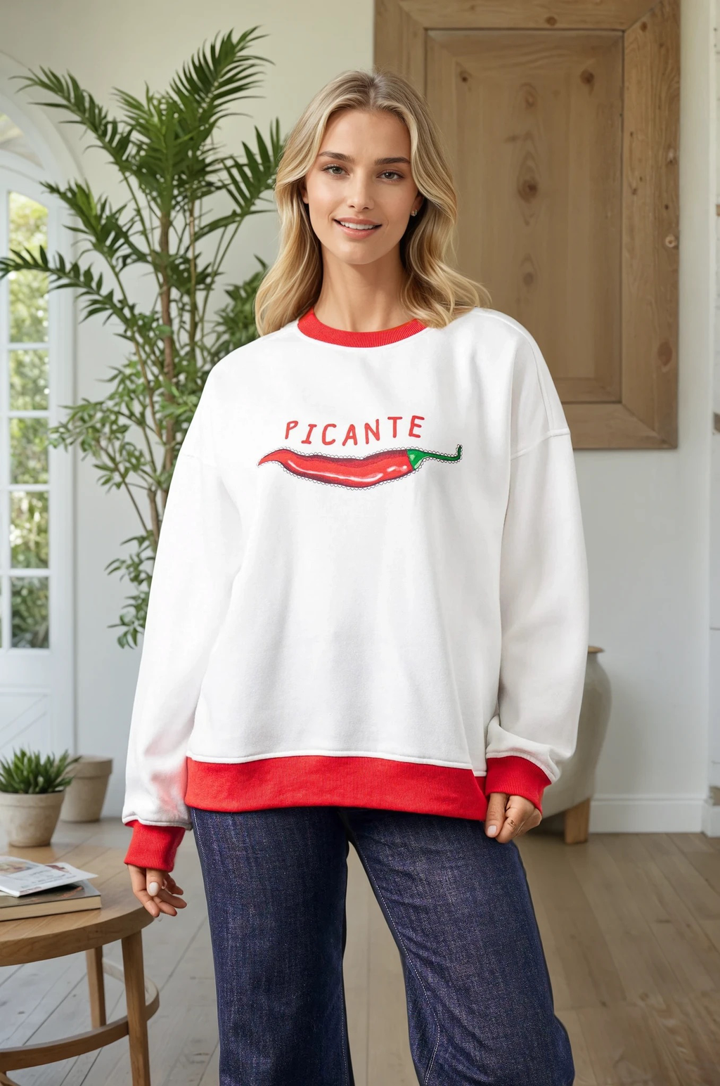 Picante Chilli Print Fleece Sweatshirt with Contrast Rib - White/Red