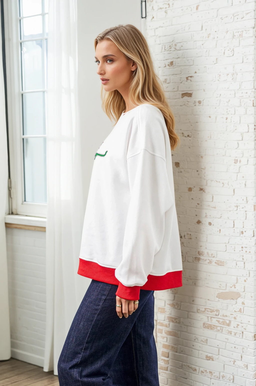 Picante Chilli Print Fleece Sweatshirt with Contrast Rib - White/Red