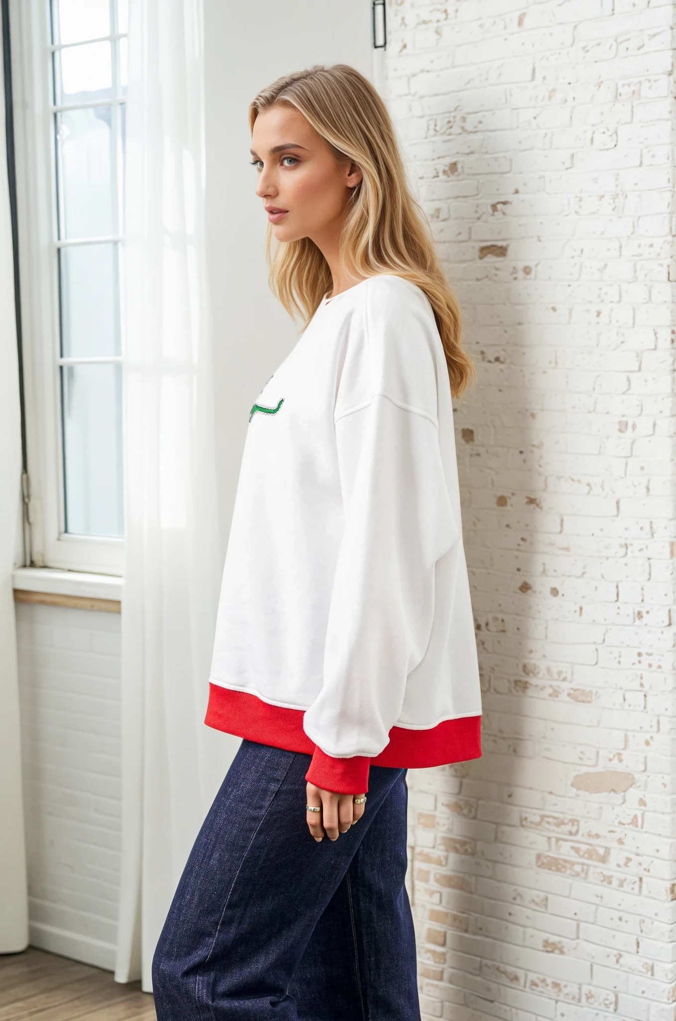 Picante Chilli Print Fleece Sweatshirt with Contrast Rib - White/Red