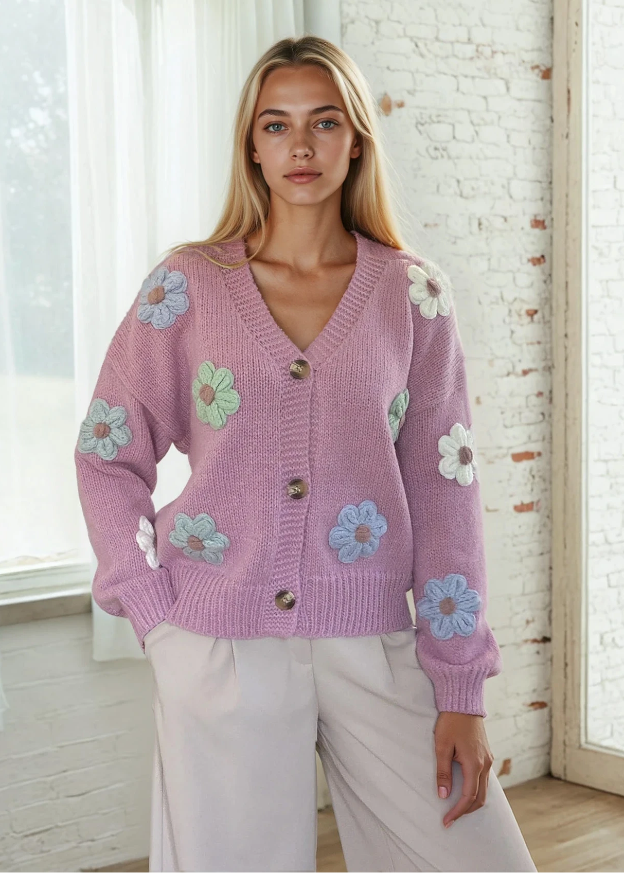 Cosy 3D Flower Pink Cardigan