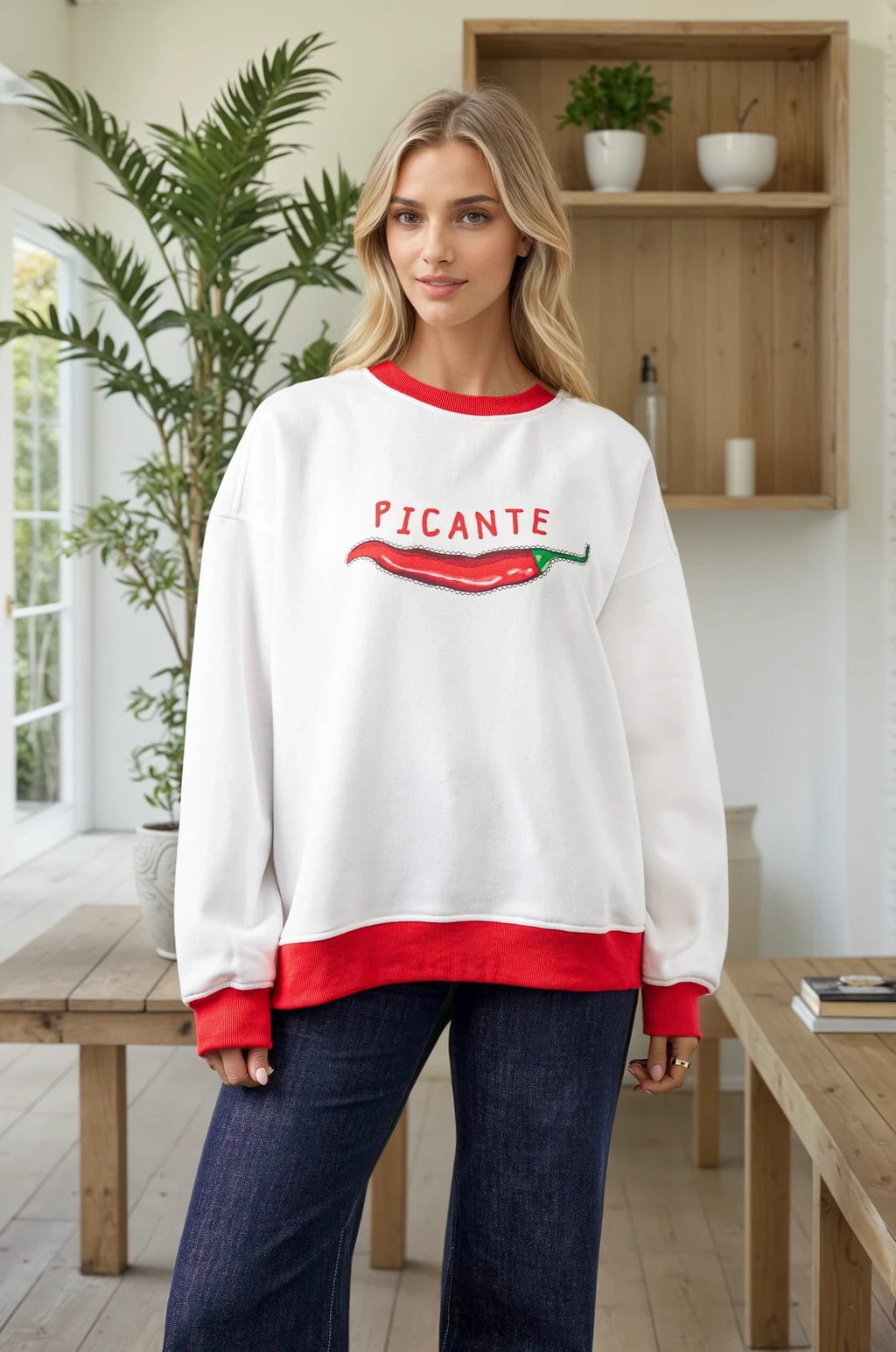 Picante Chilli Print Fleece Sweatshirt with Contrast Rib - White/Red