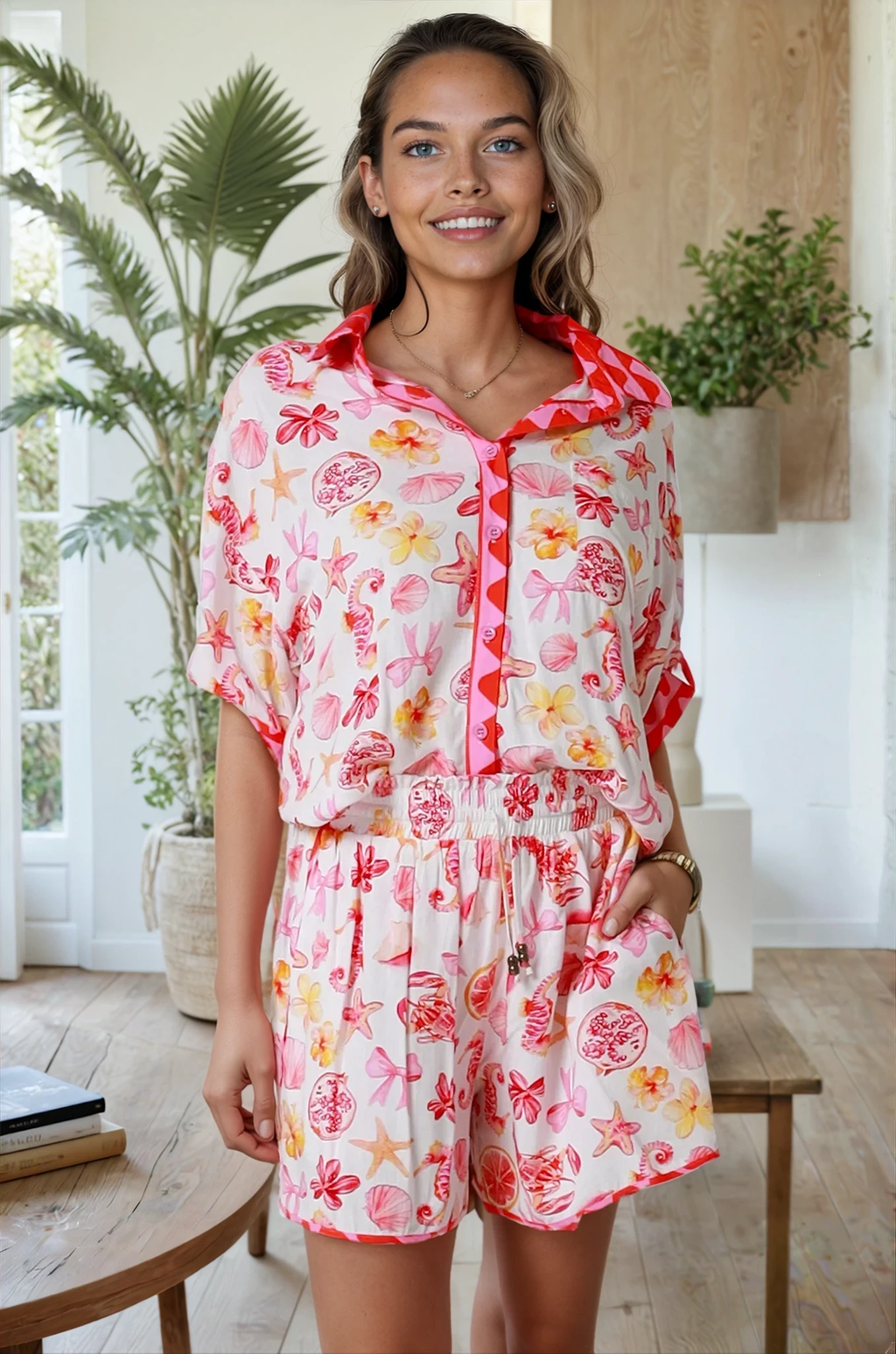 Havana Tropical Print Shirt & Shorts Co-ord Set - White/Pink/Red