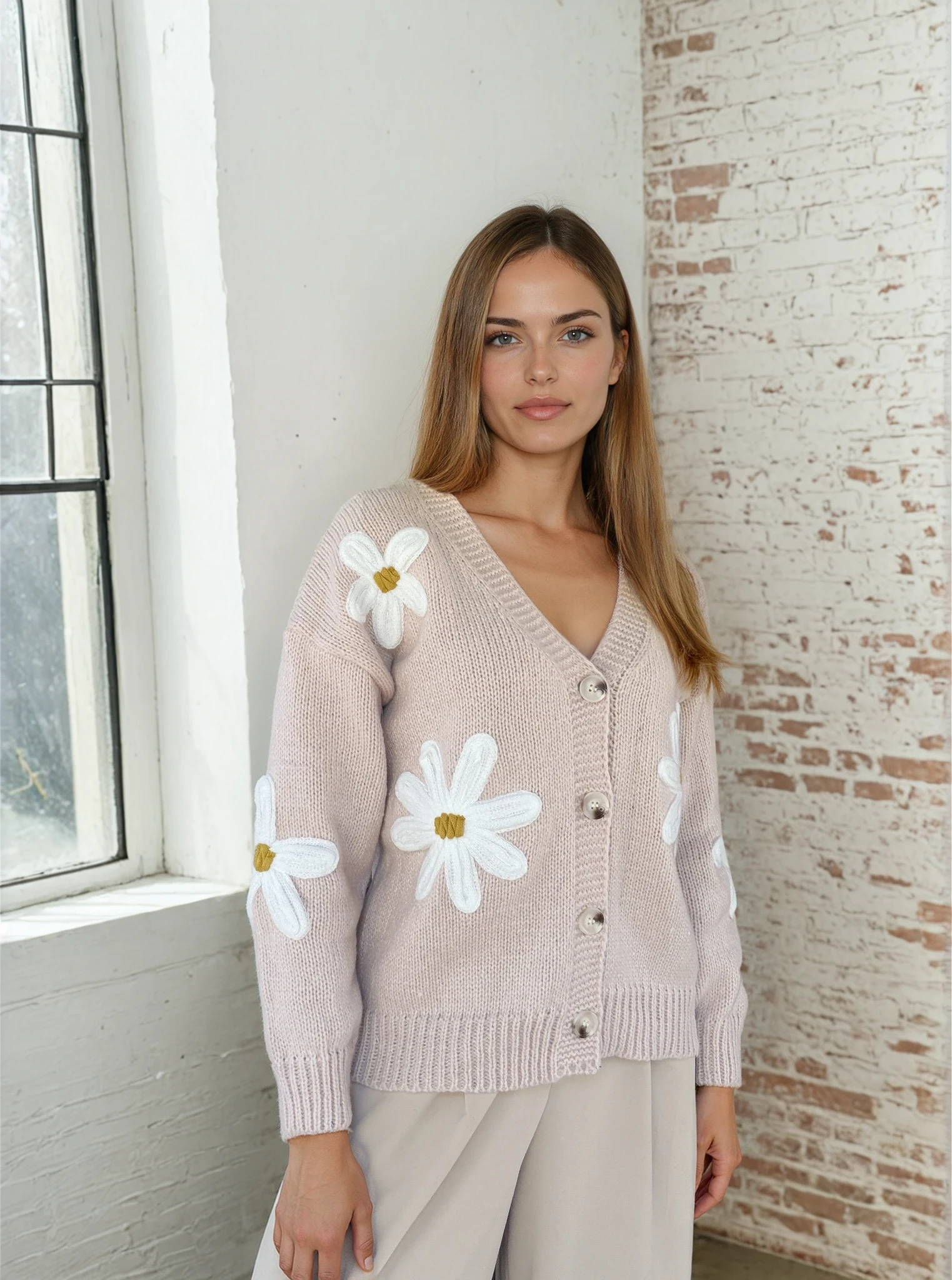 Daisy Bloom Beige Cardigan