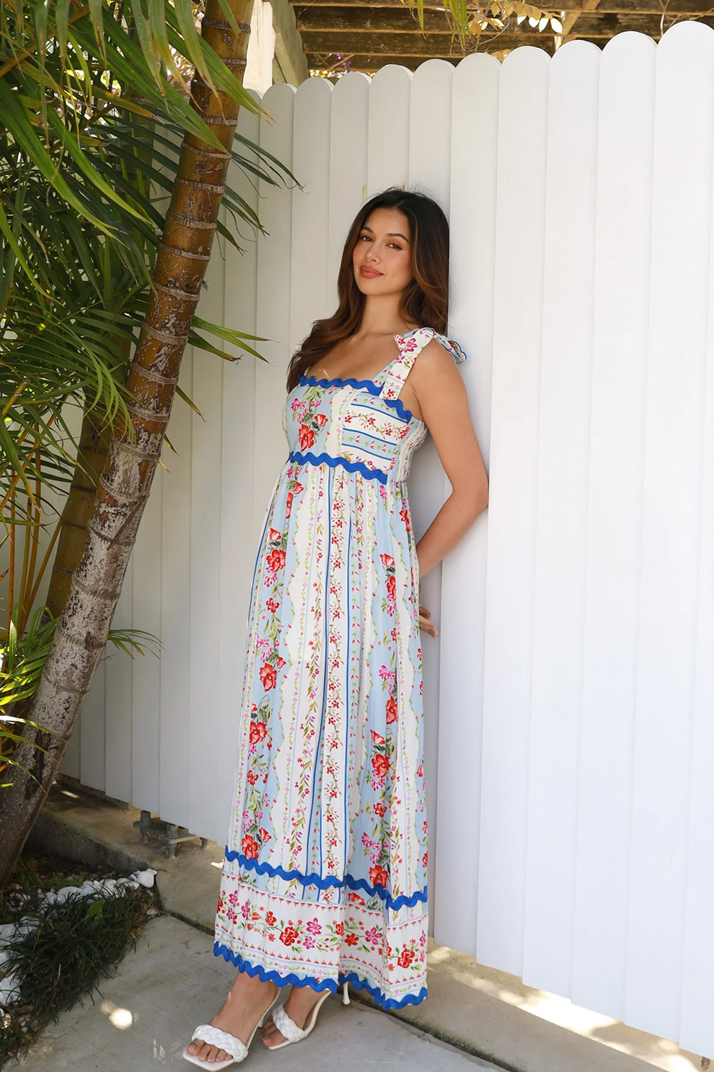 Rosaline Floral Print Maxi Dress with Ric-Rac Trim - Blue/White