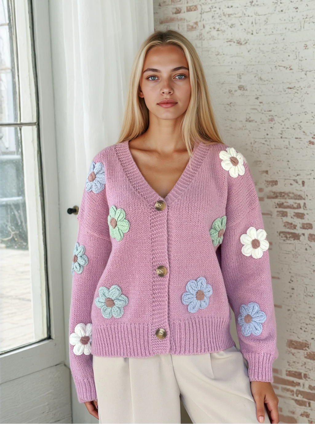 Cosy 3D Flower Pink Cardigan