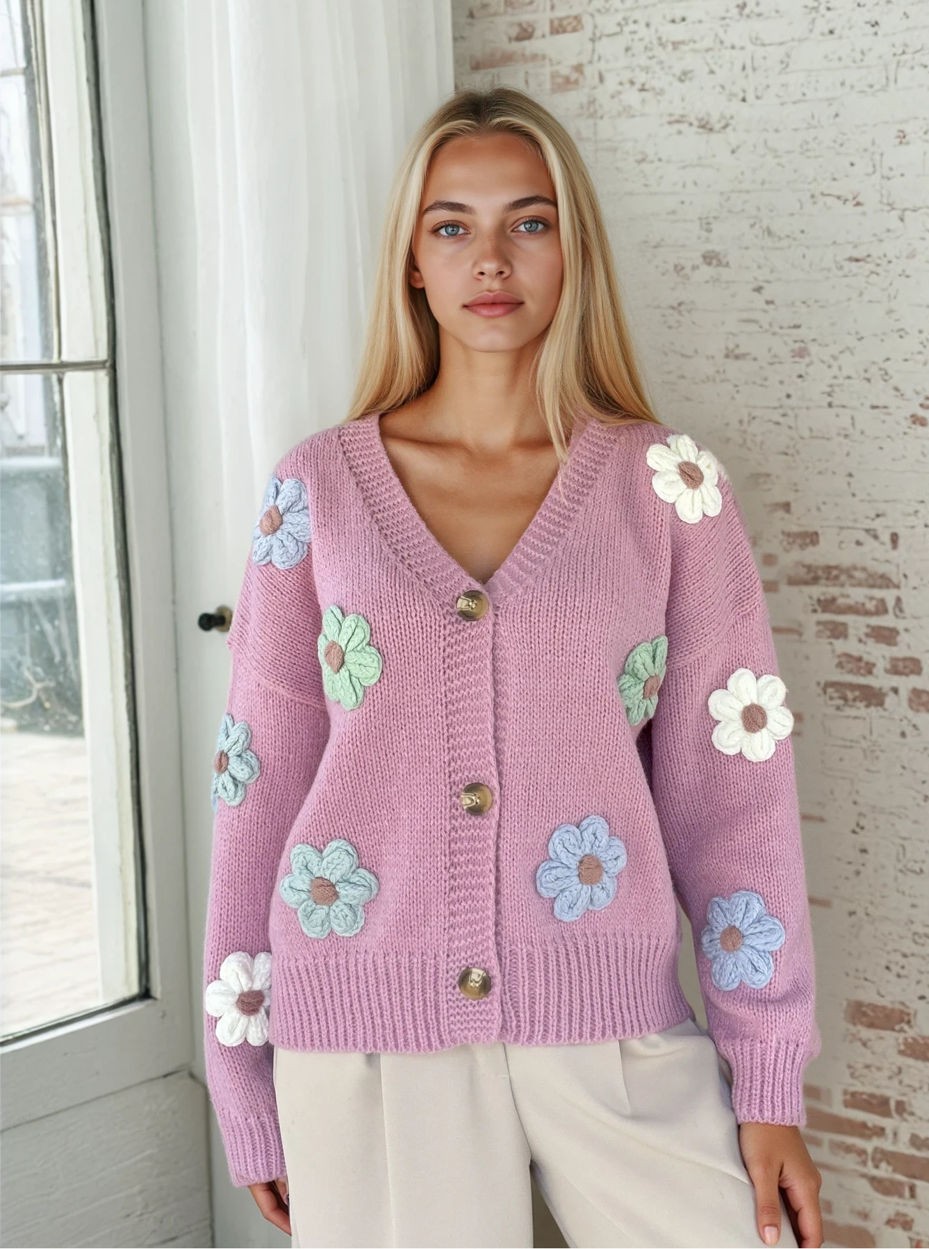 Cosy 3D Flower Pink Cardigan