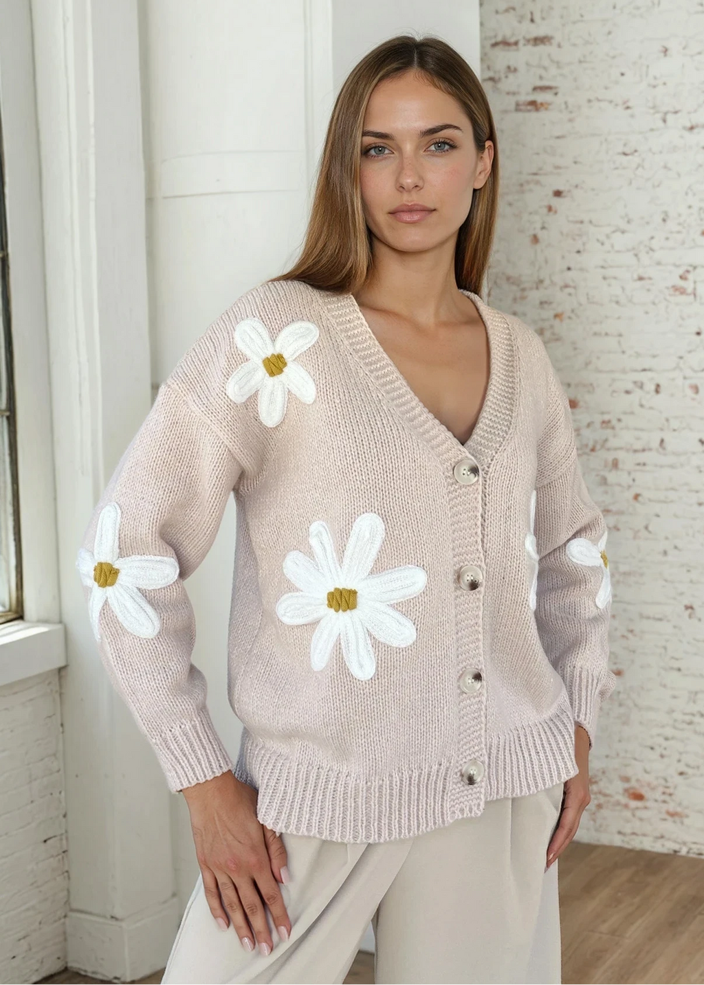 Daisy Bloom Beige Cardigan
