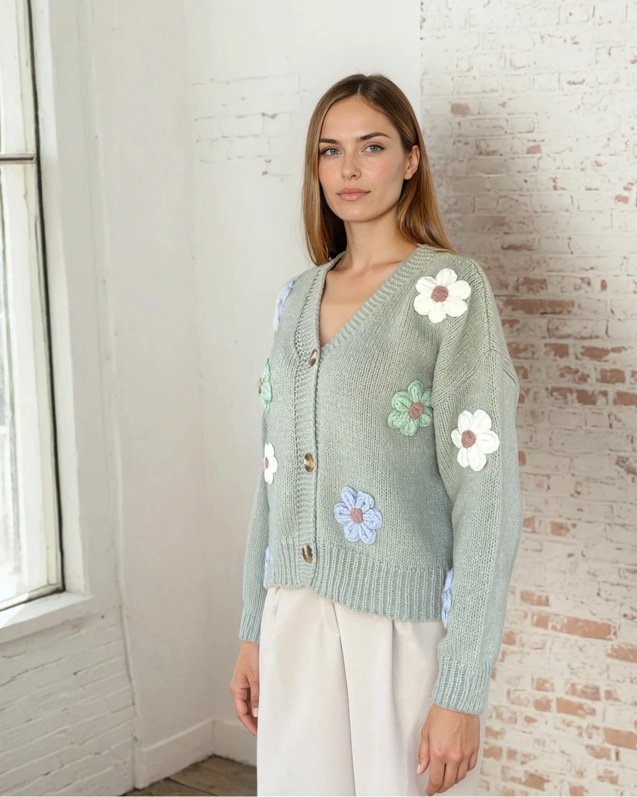 Cosy 3D Flower Sage Cardigan