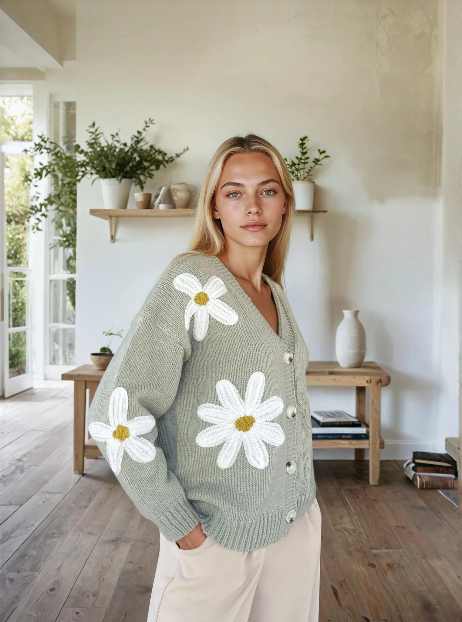 Daisy Bloom Grey Cardigan