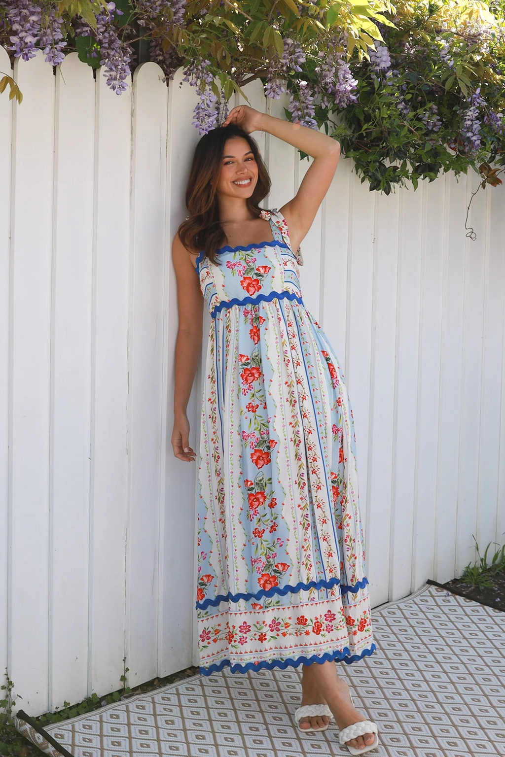 Rosaline Floral Print Maxi Dress with Ric-Rac Trim - Blue/White