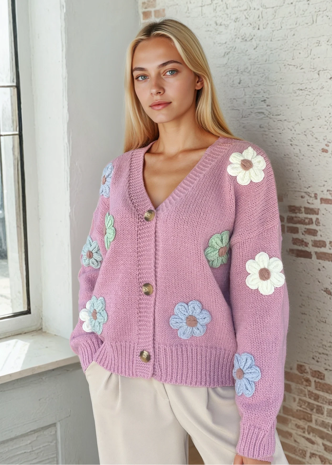 Cosy 3D Flower Pink Cardigan